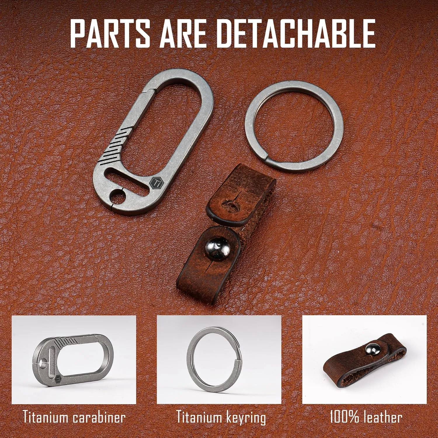 KeyUnity KM02 Titanium Belt Clip Carabiner Leather Keychain Holder with Removable Stainless Steel Key Ring