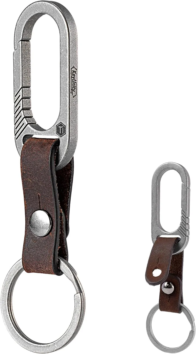KeyUnity KM02 Titanium Belt Clip Carabiner Leather Keychain Holder with Removable Stainless Steel Key Ring