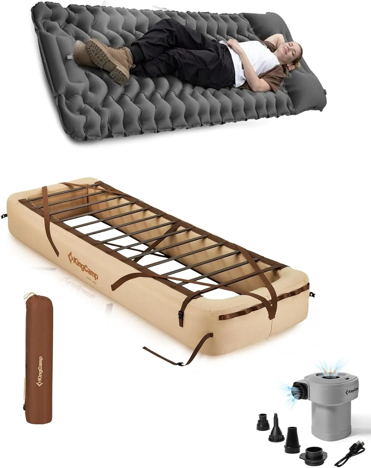 KingCamp Camping Air Mattress and Base, Portable & Compact Alternatives to Camp Cot, Inflatable Bed Frame for Home Tent Storage(Air Pump Included)
