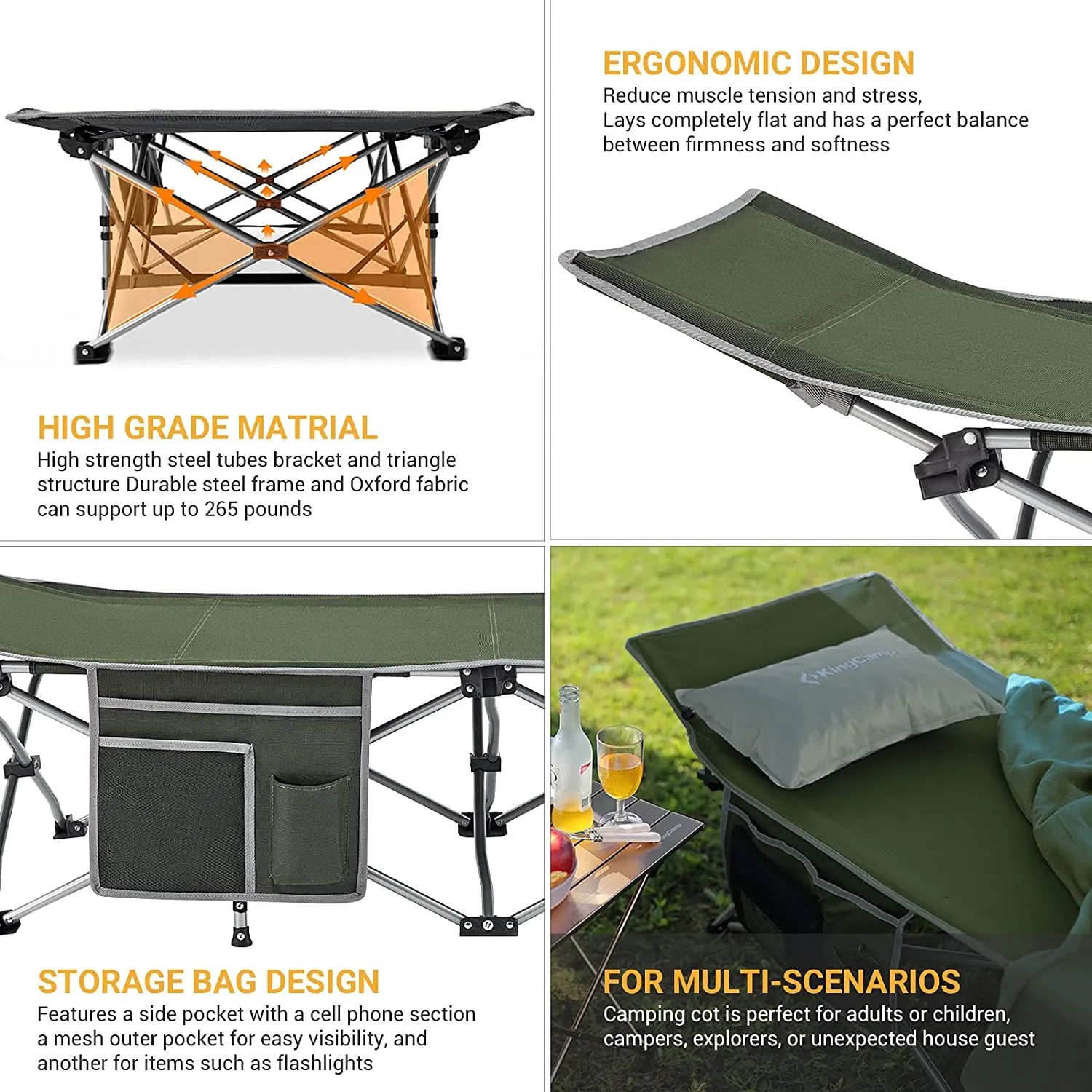 Kingcamp Camping Cots for Adults Most Comfortable Sturdy Portable Quick Folding Camping Bed Heavy Duty Support 300 Lbs Cots for Camping Large Outdoor Cot for Family Camping Travel Naps