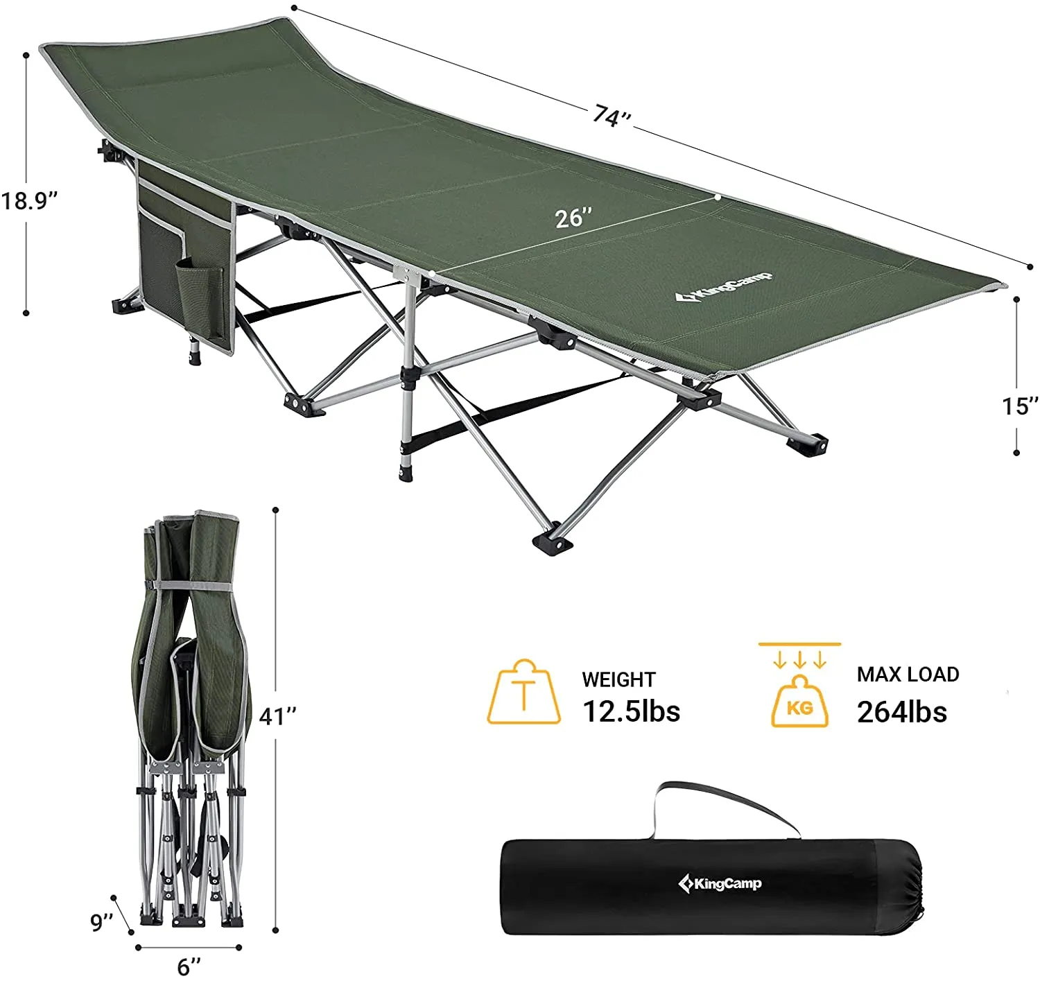 Kingcamp Camping Cots for Adults Most Comfortable Sturdy Portable Quick Folding Camping Bed Heavy Duty Support 300 Lbs Cots for Camping Large Outdoor Cot for Family Camping Travel Naps