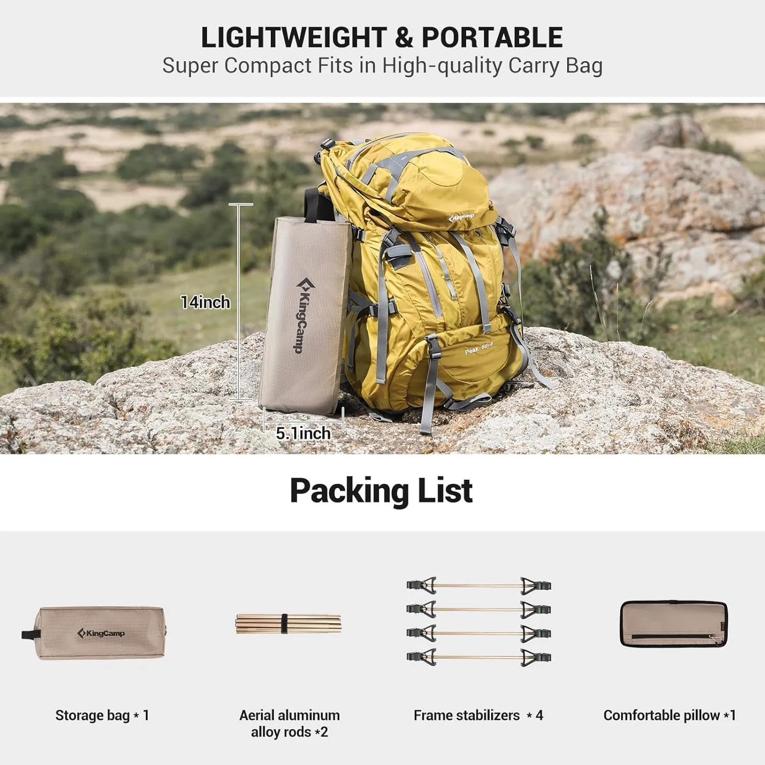 KingCamp Ultralight Camping Cot, Portable Folding Cots 265lbs Heavy Duty Sleeping Bed with Pad Pillow for Adults Outdoor Backpacking Travel Hiking, Khaki