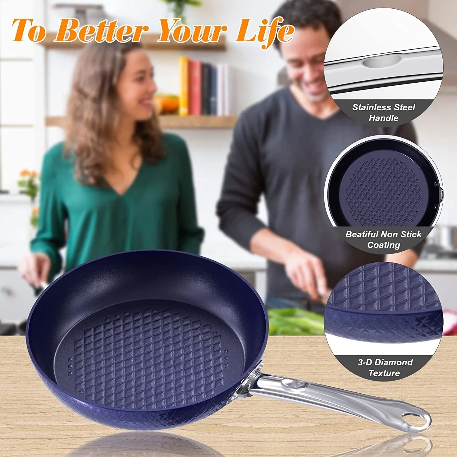 Kitchen Cookware Sets Nonstick Ceramic Bule,1.2 Quart Pot Saucepan with Lid 8 inch Small Frying Pan  9.5 Hard Anodized Frying Skillet Pan, Induction Nonstick Ceramic Flying Cooking Pan Stock Pot