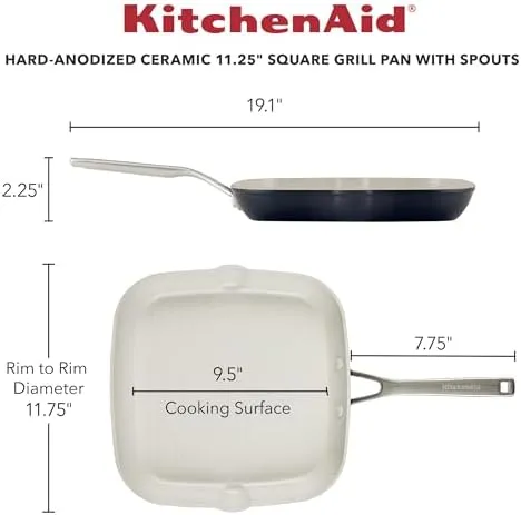 KitchenAid Hard Anodized Ceramic Nonstick Grill Pan/Griddle, Square, 11.25 Inch, Matte Black