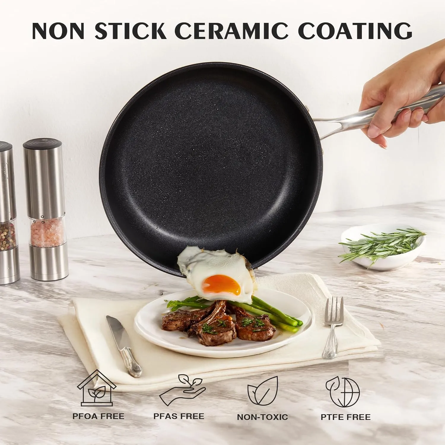 KITEXPERT Non Stick Frying Pans with Lid, 12" Titanium Ceramic Pan Nonstick Stainless Steel Skillet, PFAS PFOA & PTFE Free, Quick-Cool Handle, Dishwasher & Oven Safe, Compatible with All Cooktops