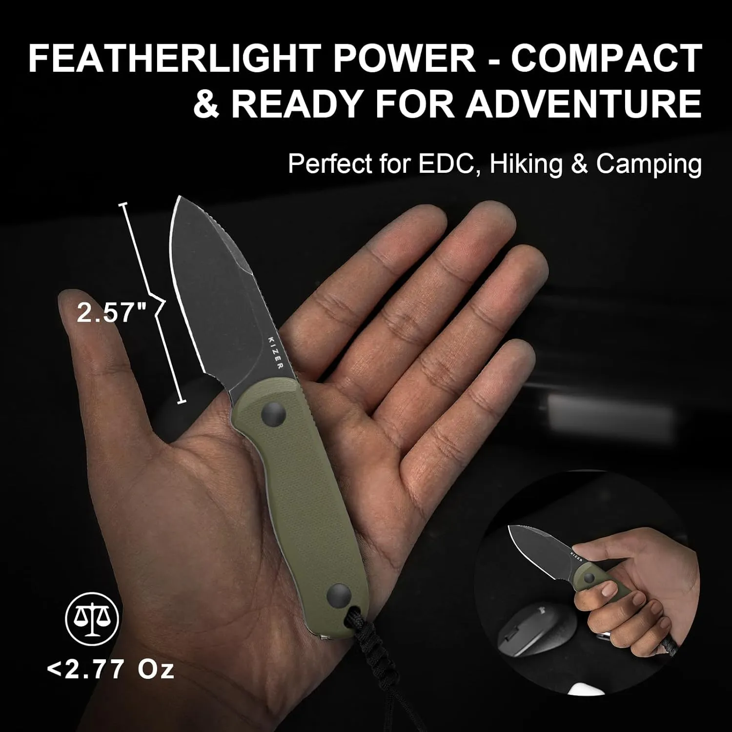 Kizer Drop Bear Fixed Blade Knife, 2.57" Black Stonewash D2 Blade EDC Camping Knife with Olive Green G10 Handle & Hidden Tool, Full Tang Hunting Survival Knives with Adjustable Kydex Sheath, 1094M1