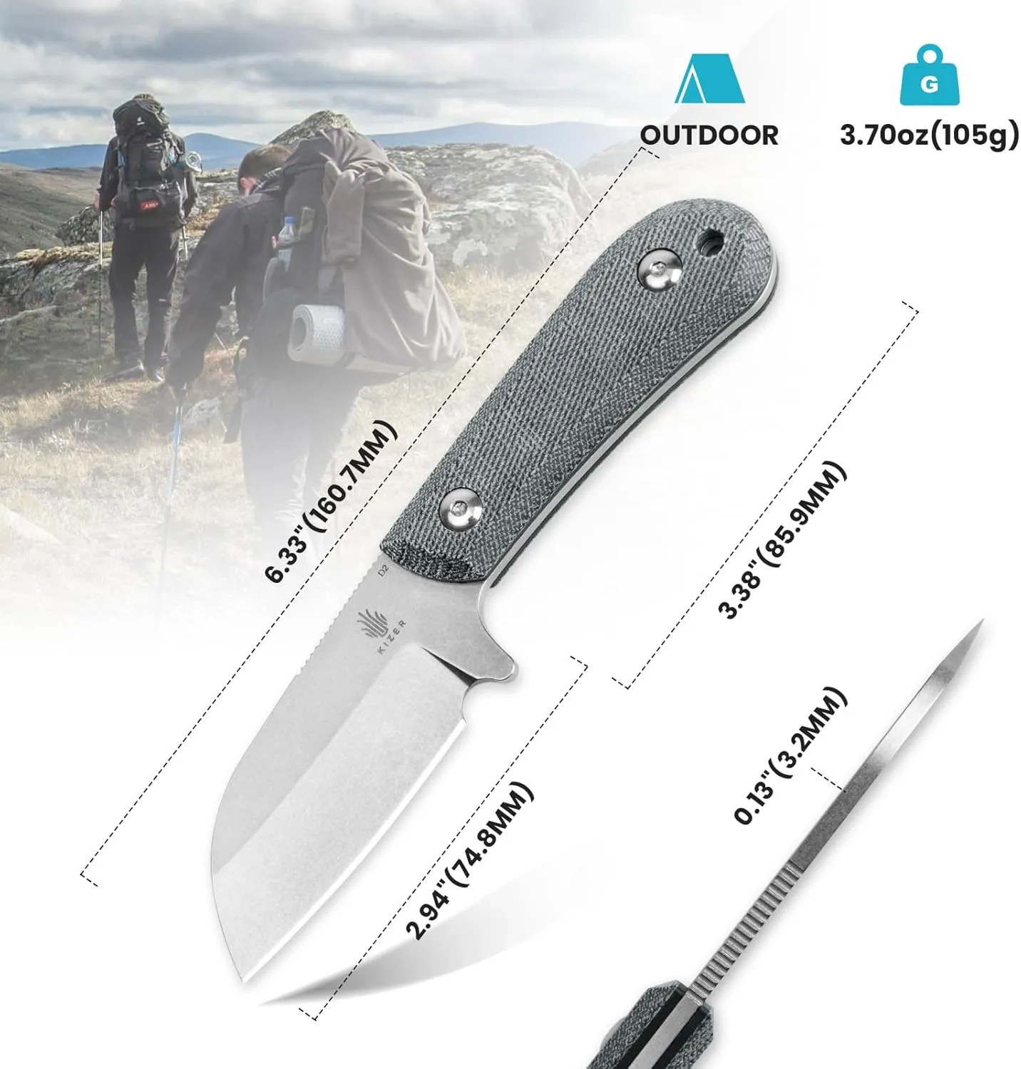 Kizer Fixed Blade Hunting Knife - D2 Blade, G10/Micarta Handle, Outdoor/Camping/Survival Knife with Sheath - Lightweight EDC Fixed Blade for Men & Women Outdoor Enthusiasts-1062A1, White