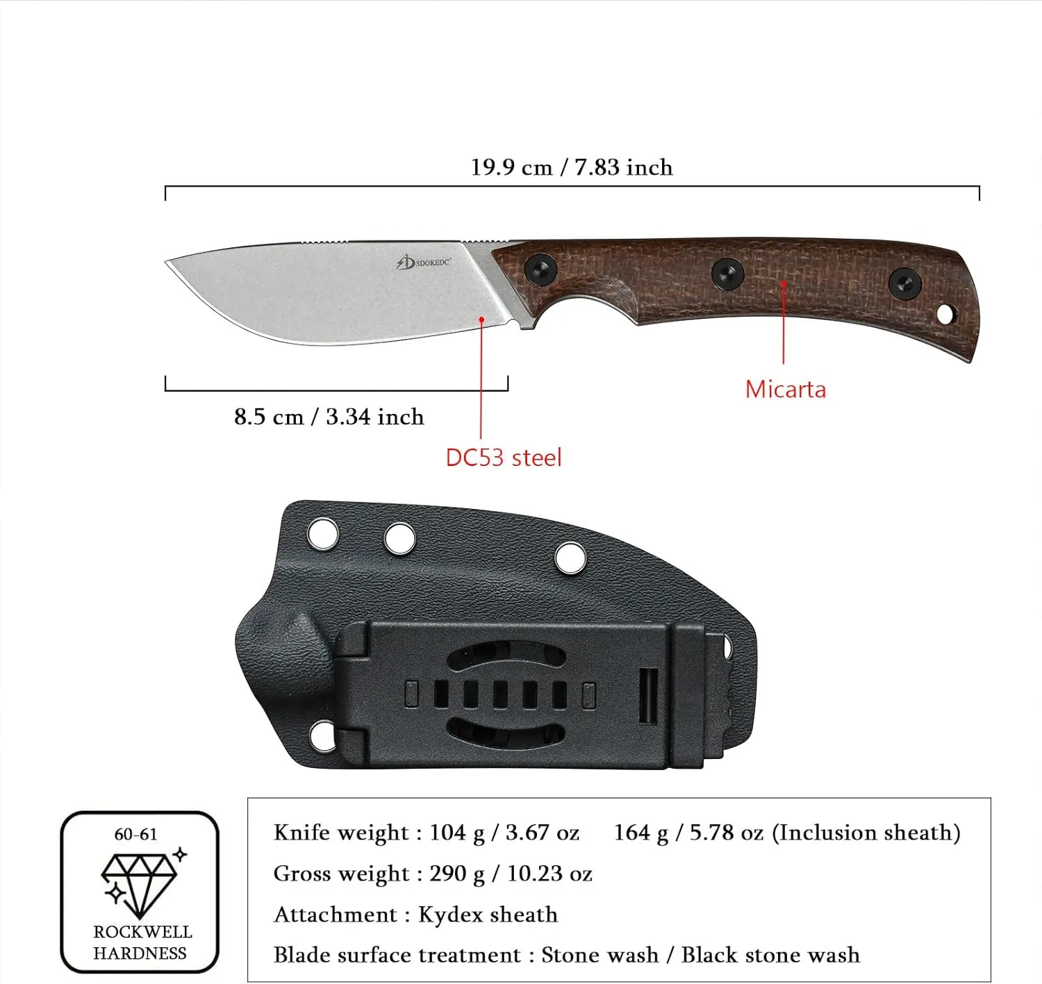 Knives 3.34“ DC53 Steel Tactical Fixed Blade Knife Micarta Handle with kydex sheath for Men EDC Outdoor Camping Survival Hunting (White Stone Wash)
