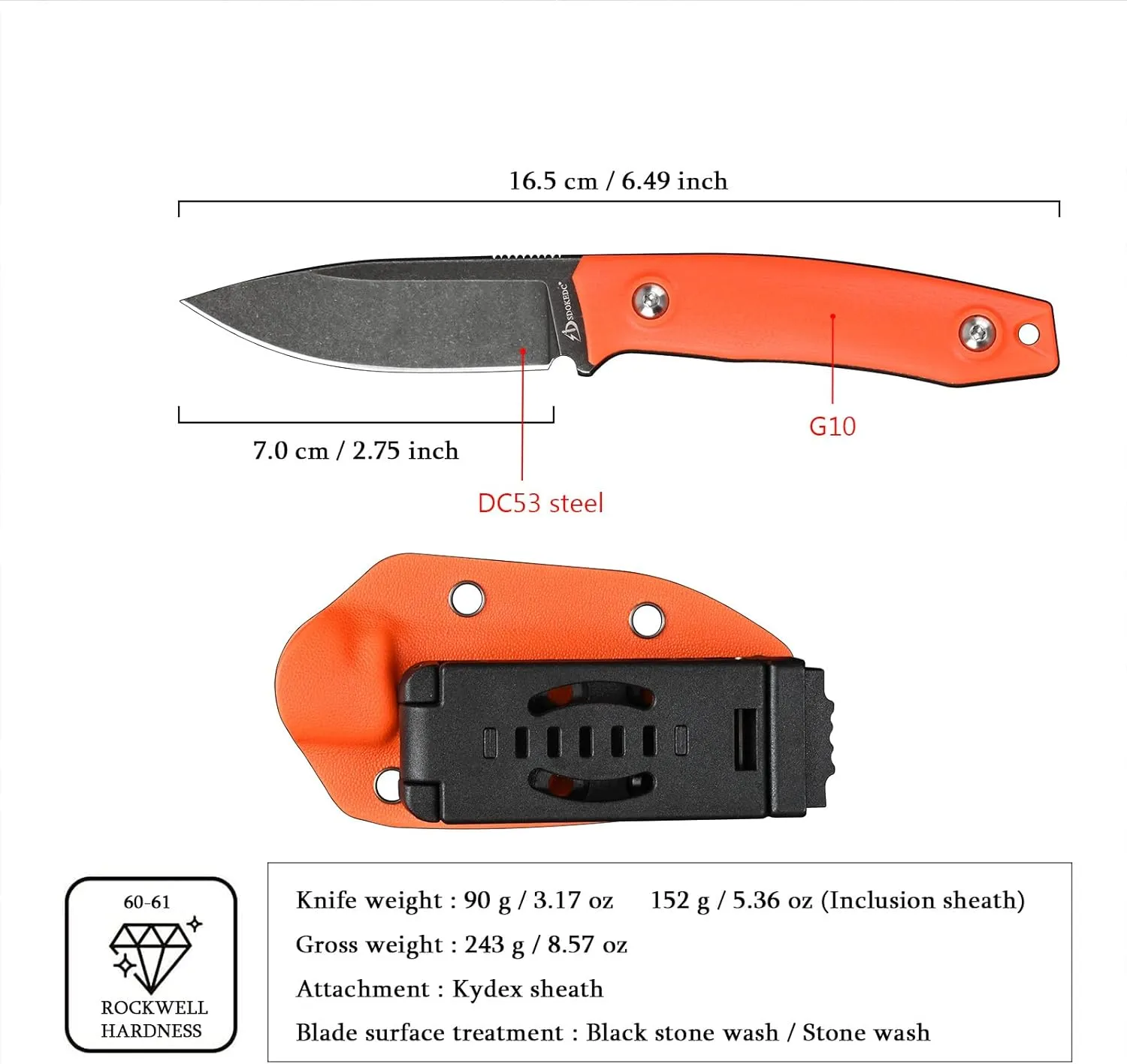 Knives 6.49 inch DC53 Steel Tactical Fixed Blade Knife with kydex sheath for Men EDC Outdoor Camping Survival Hunting (Black stone wash orange handle)