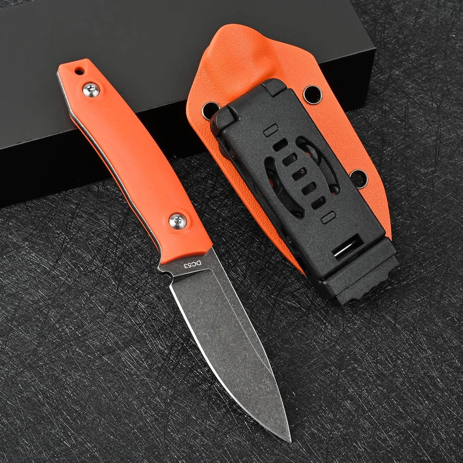 Knives 6.49 inch DC53 Steel Tactical Fixed Blade Knife with kydex sheath for Men EDC Outdoor Camping Survival Hunting (Black stone wash orange handle)