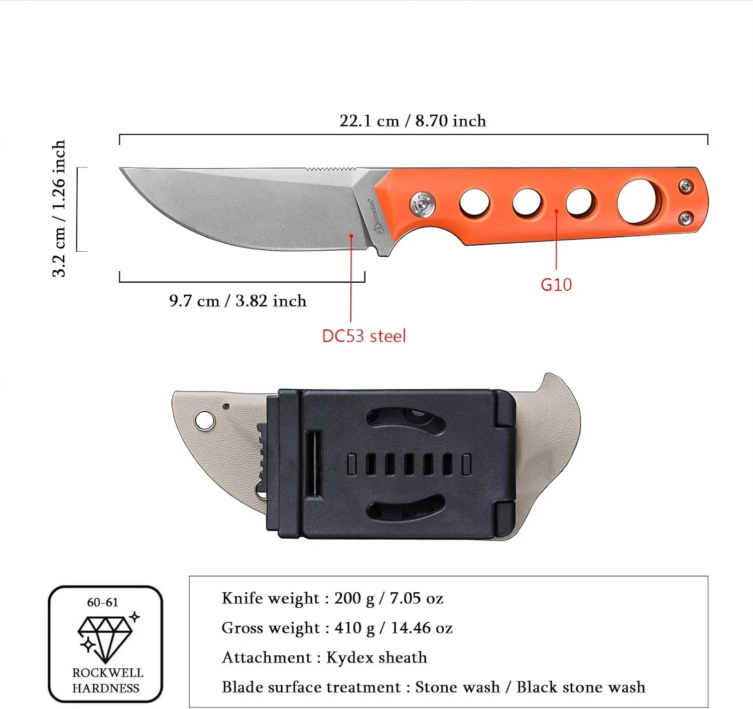 Knives DC53 Steel Tactical Fixed Blade Knife G10 Handle with kydex sheath for Men EDC Camping Survival Hunting Outdoor (White Orange)