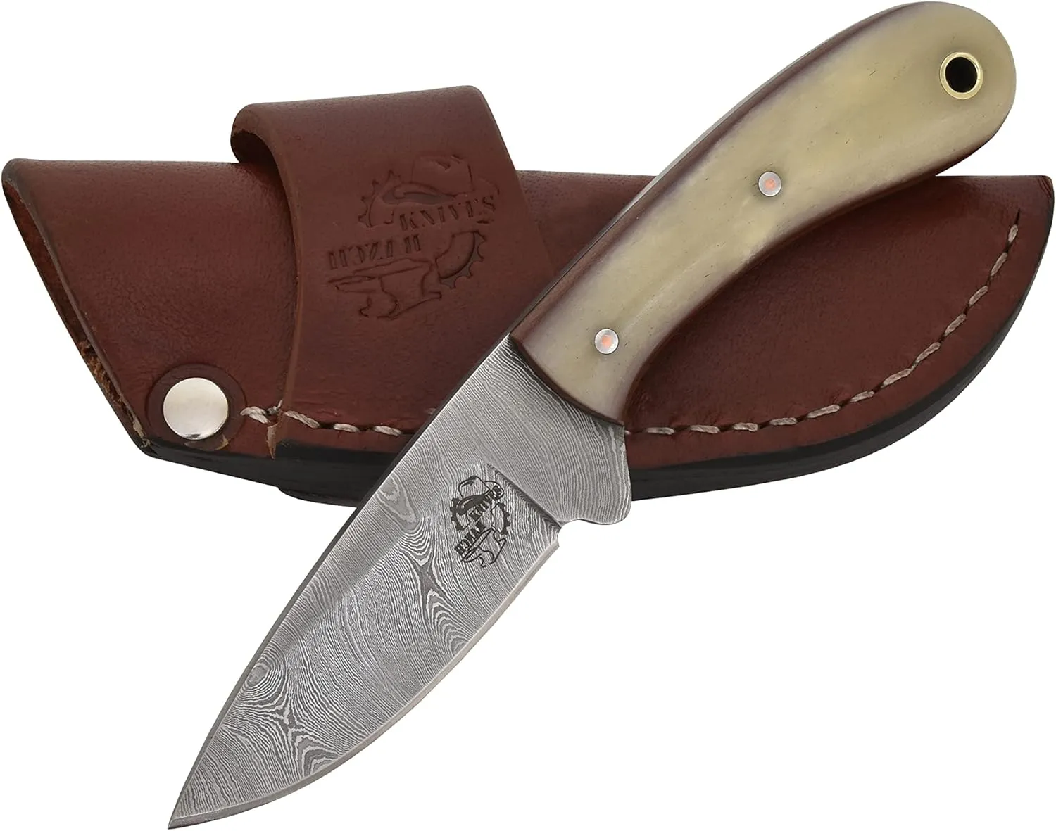 Knives Ranch Durable Handmade Damascus Steel Knife Full Tang Handy Knife - Arched Spine with Sheep Bone Handle and Fine Quality Horizontal Cowboy Crossdraw Sheath Snug Fit (4404-B)