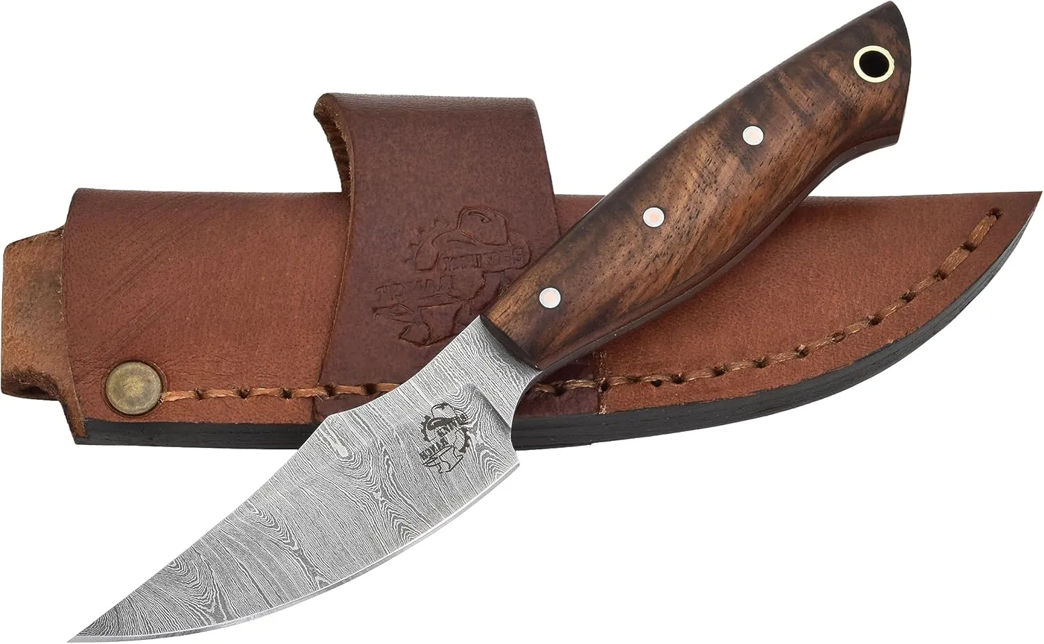 Knives Ranch Handmade EDC Fixed Blade Hunting Knife – Forged Damascus Steel – Rosewood Handle – 6.5" Full Tang – Horizontal Carry Sheath with Vertical Belt Loop – Trailing Point Blade – Outdoor Cowboy Knife (3180-IRW)