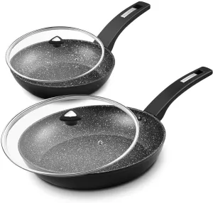 KOCH SYSTEME CS CSK 10'' 12'' Nonstick Frying Pan Set with Lids - Hard-Anodized Nonstick Fry Pan Set with Granite Coating, Stir Fry Skillet Set with Handle, PFOA & APEO Free Cookware Set