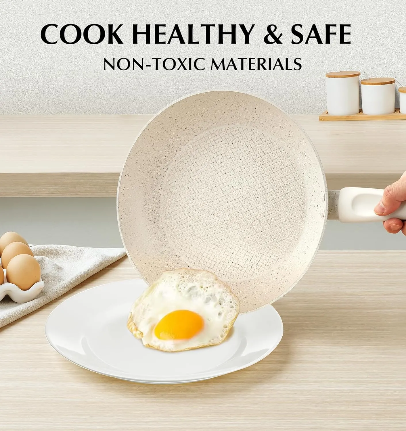 KOCH SYSTEME CS Nonstick Frying Pan 8 Inch White, Omelette Pan with Stay-cool Bakelite Handle, Toxin-Free Marble Coating Aluminum Pans for Healthy Cooking, All Stoves Compatible, Easy to Clean