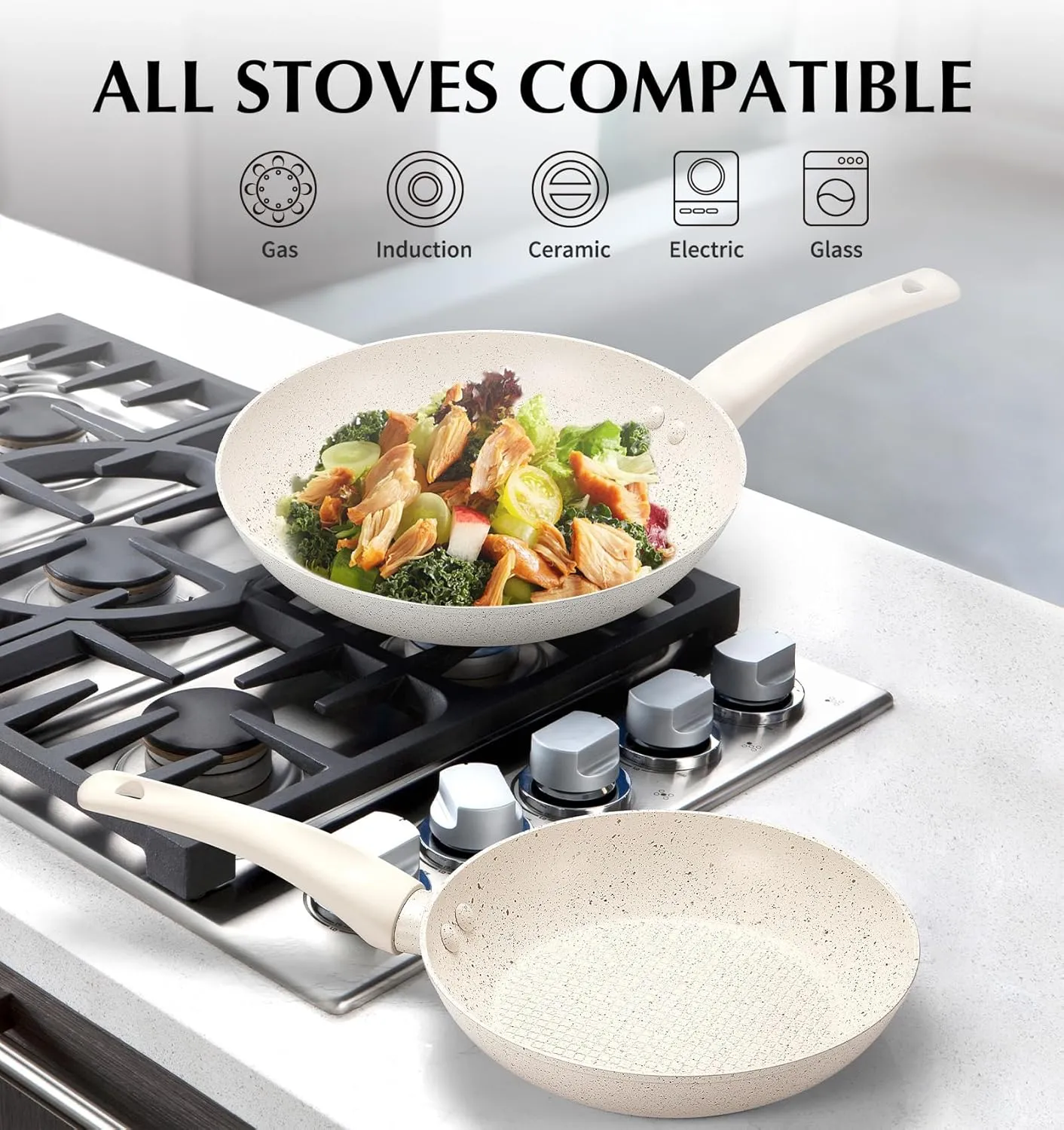 KOCH SYSTEME CS Nonstick Frying Pan 8 Inch White, Omelette Pan with Stay-cool Bakelite Handle, Toxin-Free Marble Coating Aluminum Pans for Healthy Cooking, All Stoves Compatible, Easy to Clean