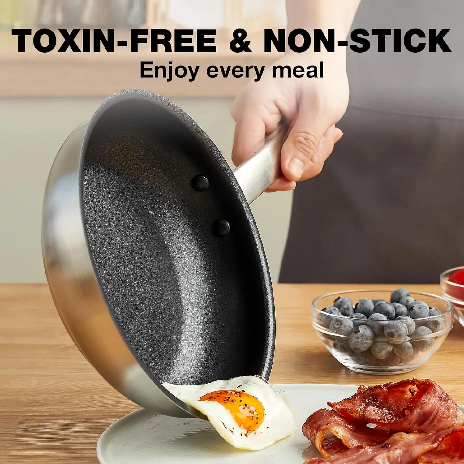 KOCH SYSTEME CS Stainless Steel Frying Pan 8 Inch, Non-Toxic Nonstick Coating for Professional Cooking, Stainless Steel Skillet with Stay-Cool Handle, Small Frying Pan 8 Inch, Induction Compatible