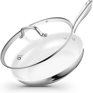 KOCH SYSTEME CS Stainless Steel Pan with Lid, 10 Inch Frying Pan with Nonstick White Ceramic Coating, 10 Inch Frying Pan with Lid, Stainless Steel Skillet, Induction Compatible