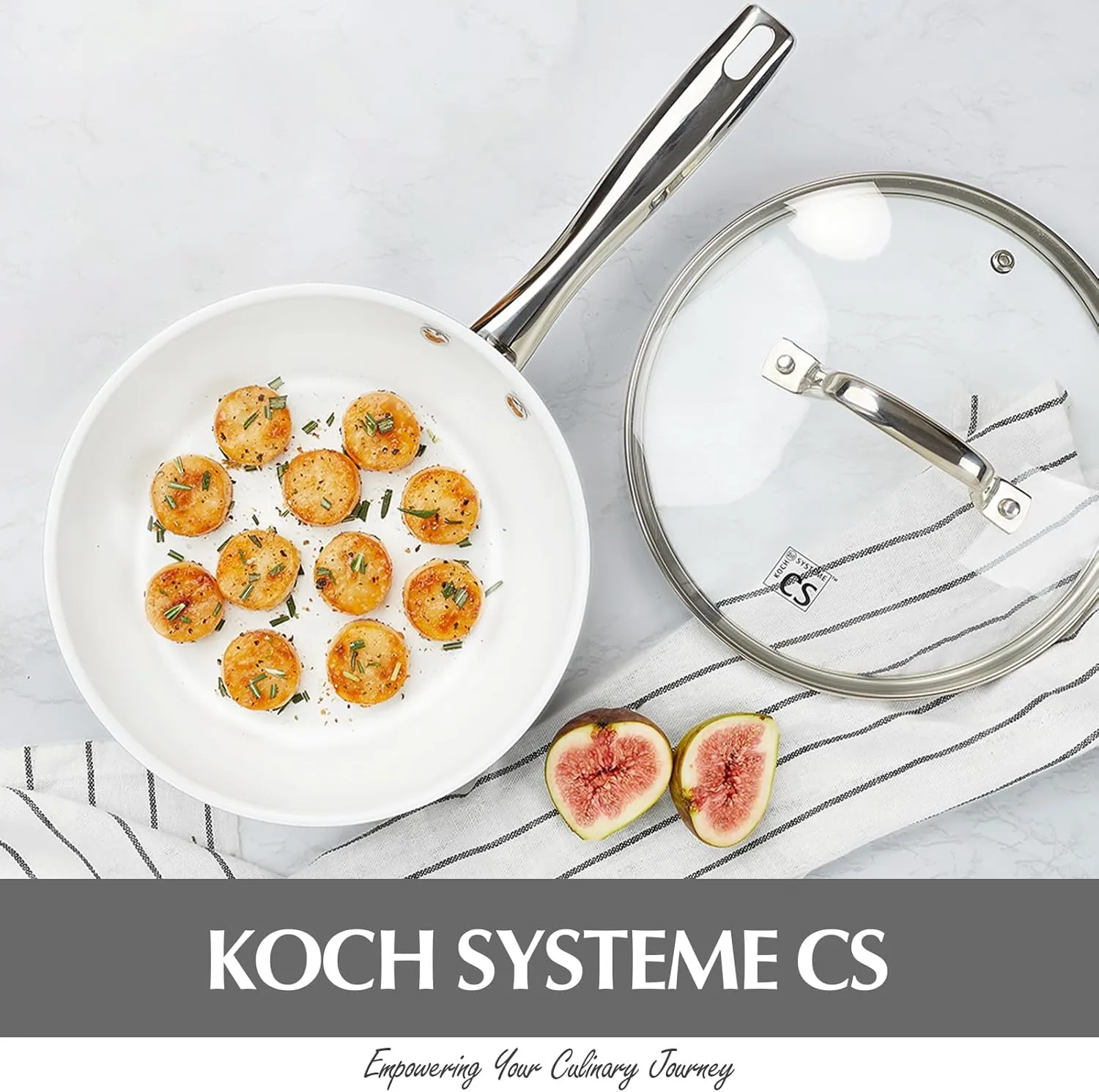 KOCH SYSTEME CS Stainless Steel Pan with Lid, 10 Inch Frying Pan with Nonstick White Ceramic Coating, 10 Inch Frying Pan with Lid, Stainless Steel Skillet, Induction Compatible