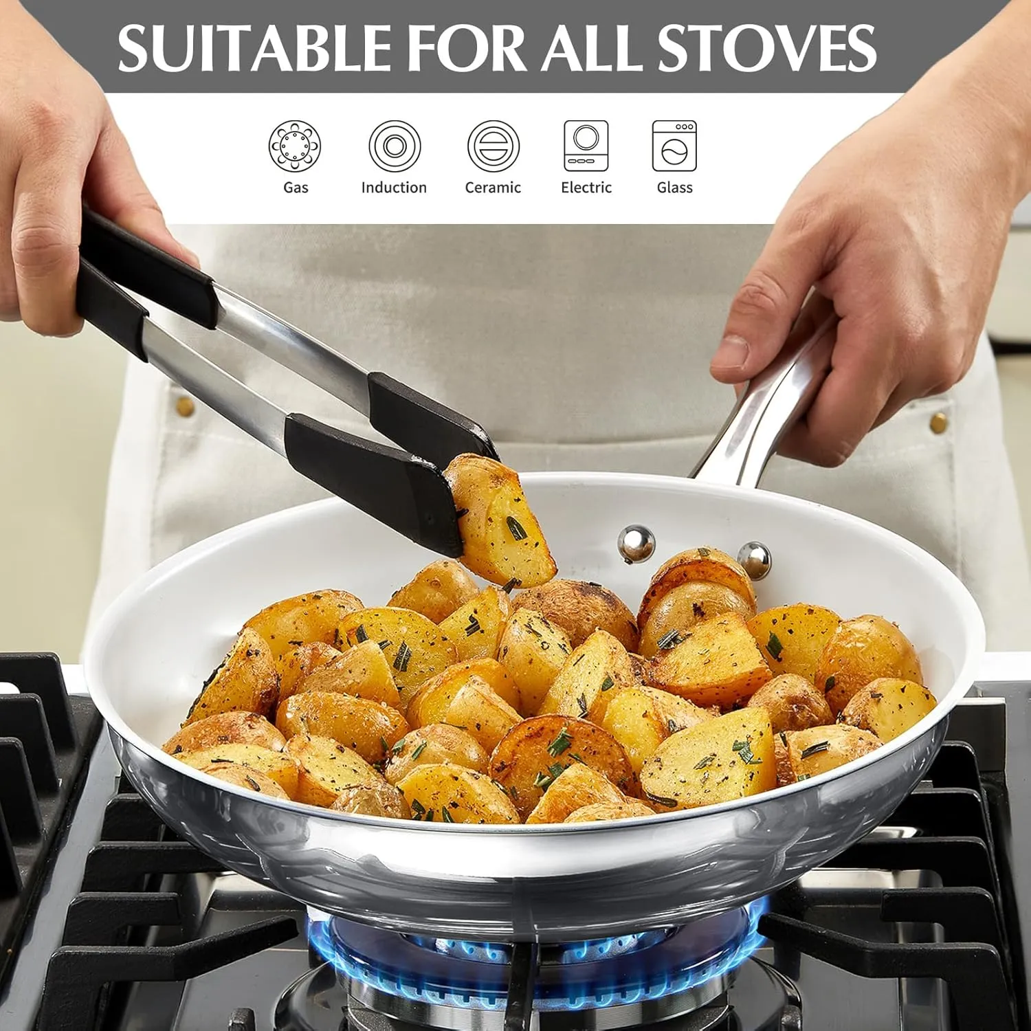 KOCH SYSTEME CS Stainless Steel Pan with Lid, 10 Inch Frying Pan with Nonstick White Ceramic Coating, 10 Inch Frying Pan with Lid, Stainless Steel Skillet, Induction Compatible