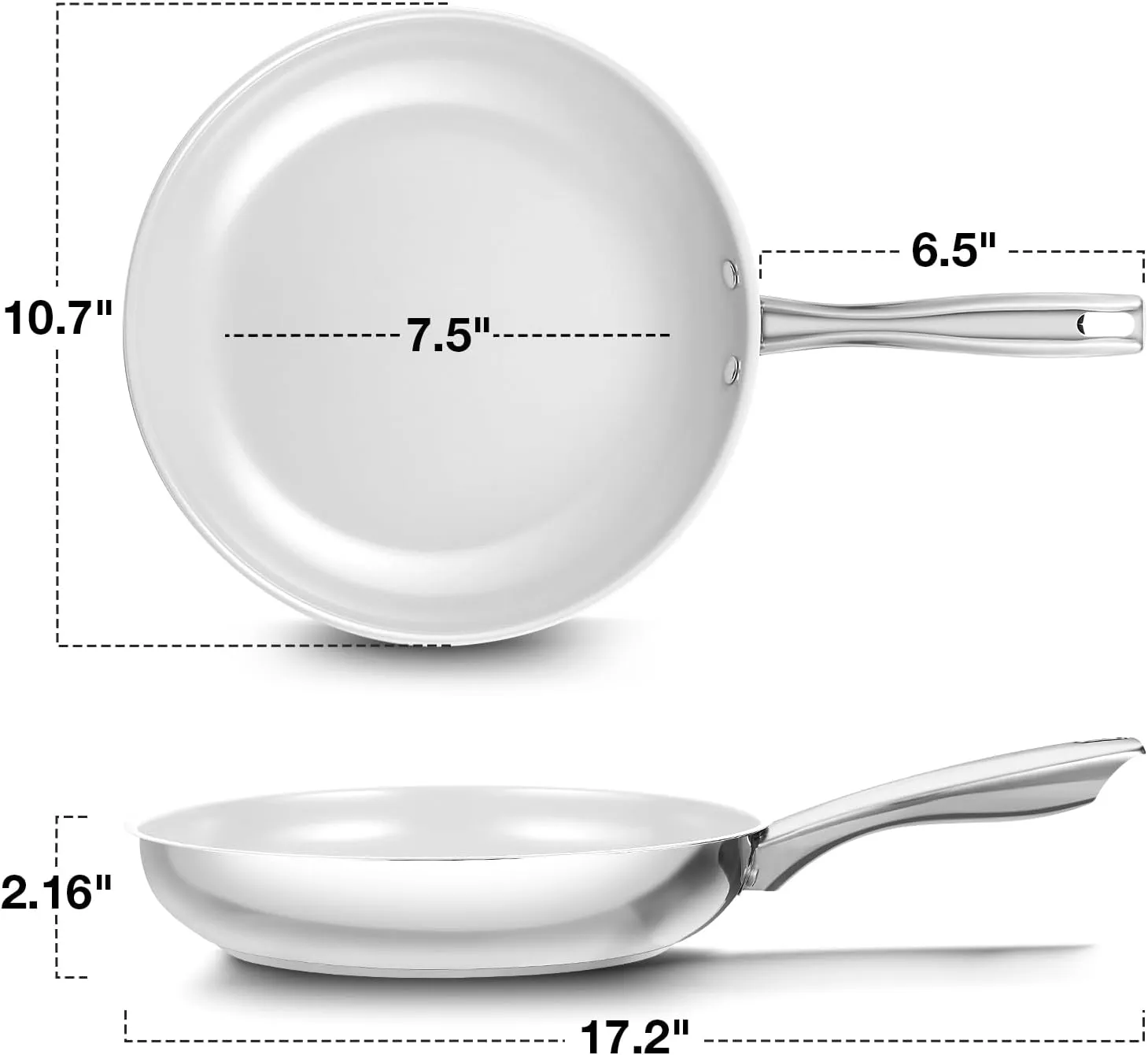 KOCH SYSTEME CS Stainless Steel Pan with Lid, 10 Inch Frying Pan with Nonstick White Ceramic Coating, 10 Inch Frying Pan with Lid, Stainless Steel Skillet, Induction Compatible