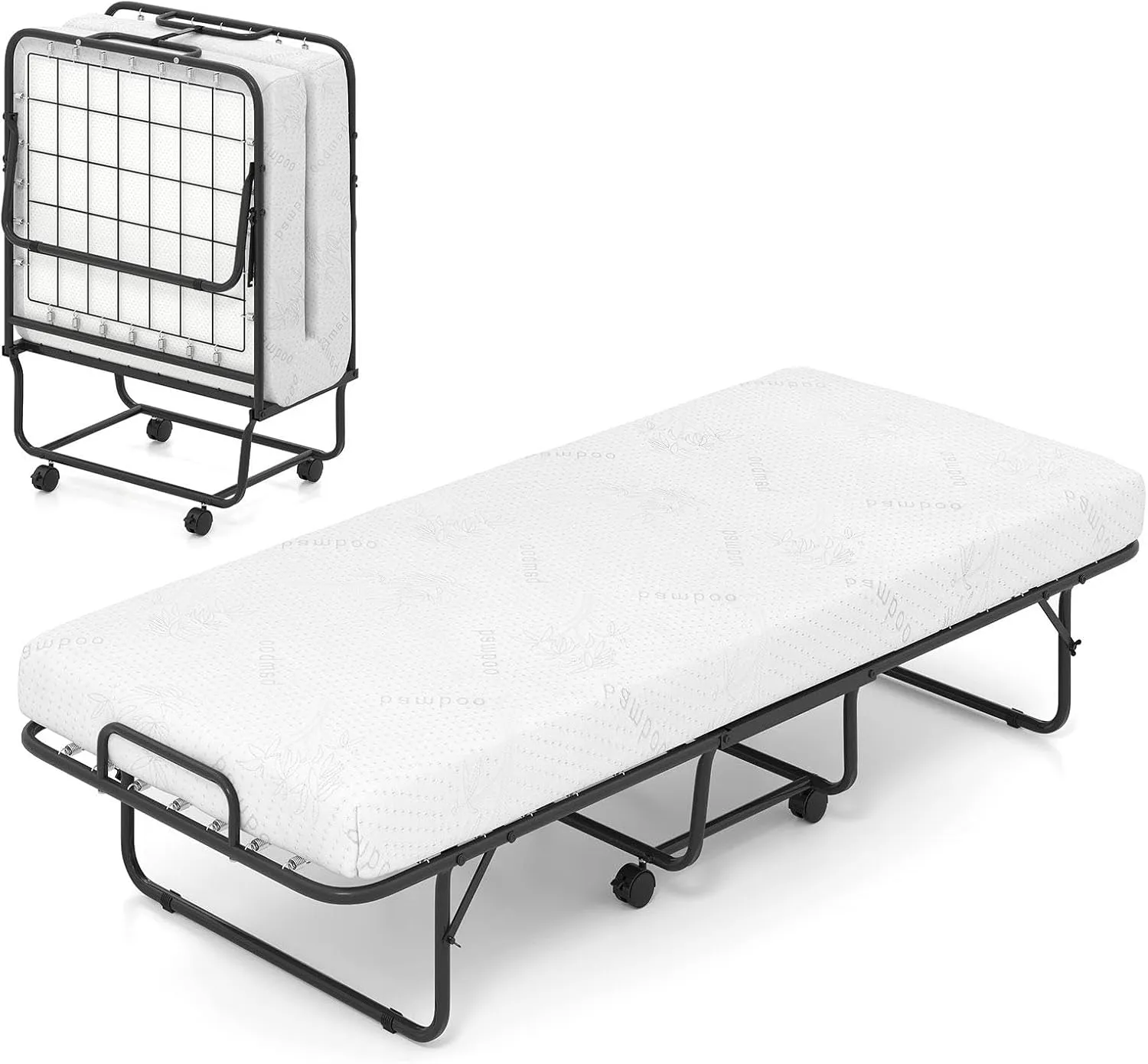 KOMFOTT Folding Bed with Mattress, Cot Size Rollaway Guest Bed with Heavy-Duty Metal Frame & Lockable Wheels, Space Saving Portable Fold up Sleeper Beds for Office, Apartment, Small Spaces