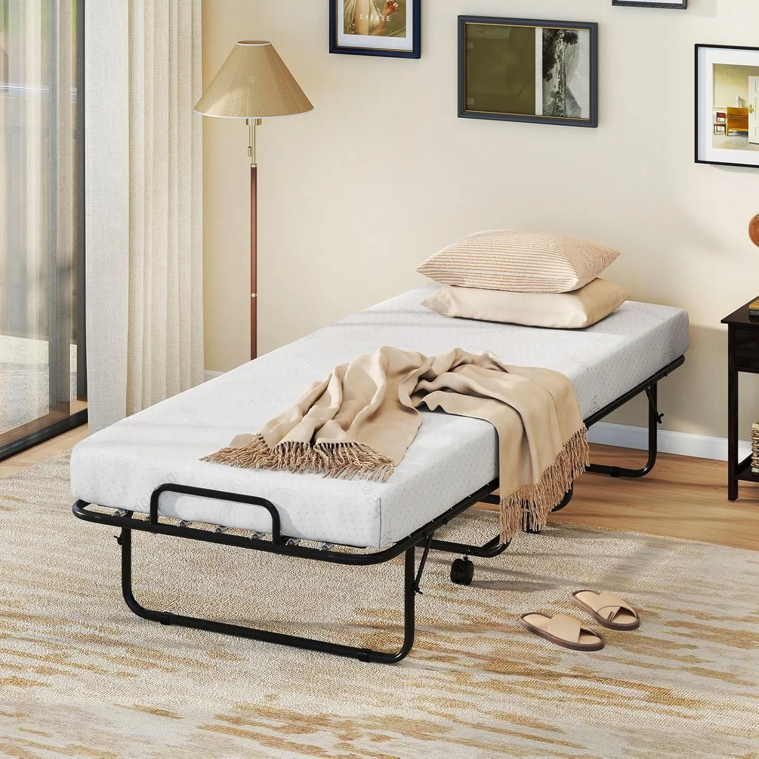 KOMFOTT Folding Bed with Mattress, Cot Size Rollaway Guest Bed with Heavy-Duty Metal Frame & Lockable Wheels, Space Saving Portable Fold up Sleeper Beds for Office, Apartment, Small Spaces