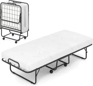 KOMFOTT Folding Bed with Mattress, Cot Size Rollaway Guest Bed with Heavy-Duty Metal Frame & Lockable Wheels, Space Saving Portable Fold up Sleeper Beds for Office, Apartment, Small Spaces