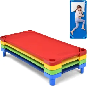 KOTEK Toddler Naptime Cot, Stackable Daycare Sleeping Cot for Kids, 51" L x 23" W, Ready-to-Assemble, Space-Saving Kids Nap Cots for Children Classroom Preschool (Set of 4, Multicolor)