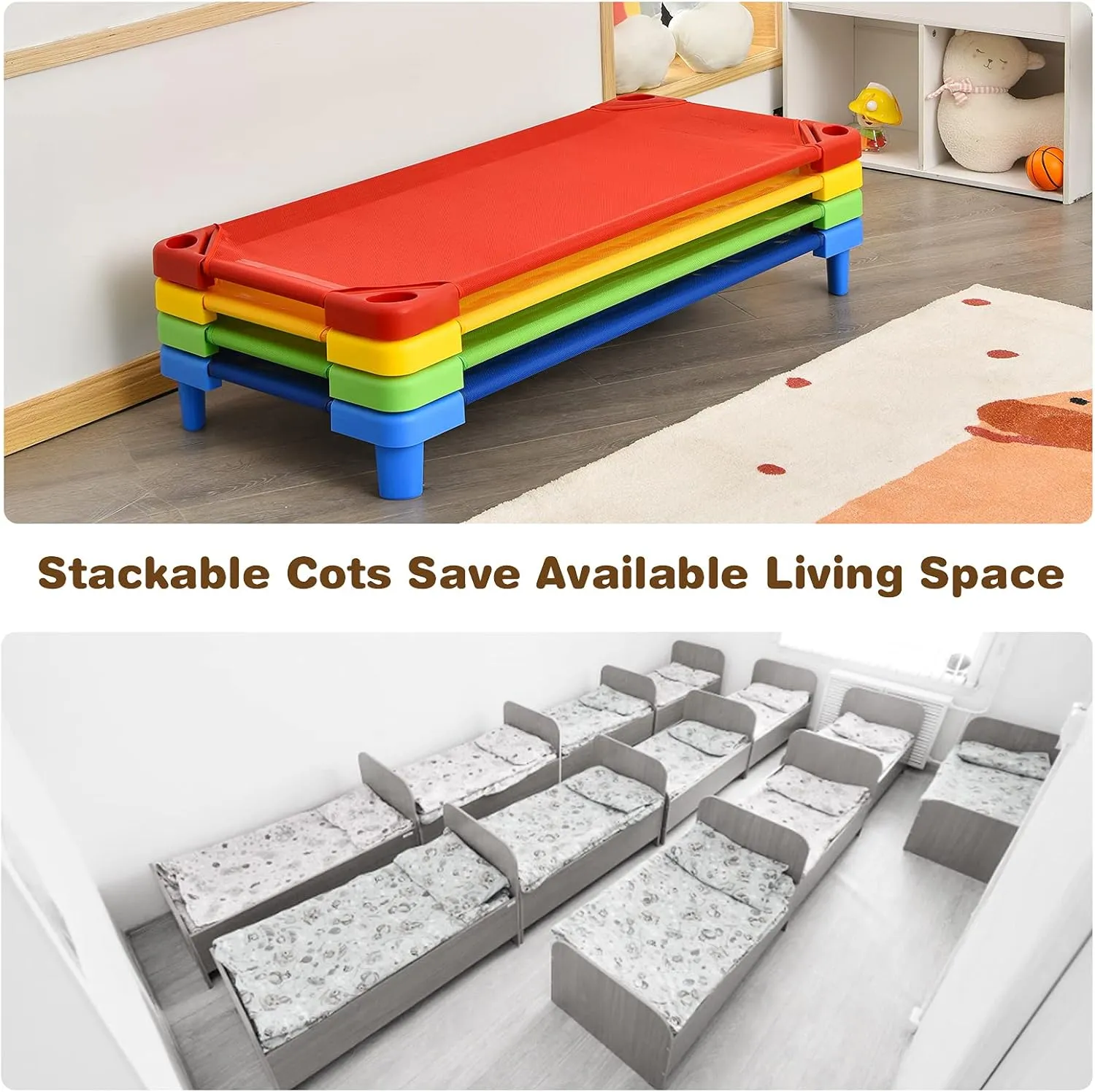 KOTEK Toddler Naptime Cot, Stackable Daycare Sleeping Cot for Kids, 51" L x 23" W, Ready-to-Assemble, Space-Saving Kids Nap Cots for Children Classroom Preschool (Set of 4, Multicolor)