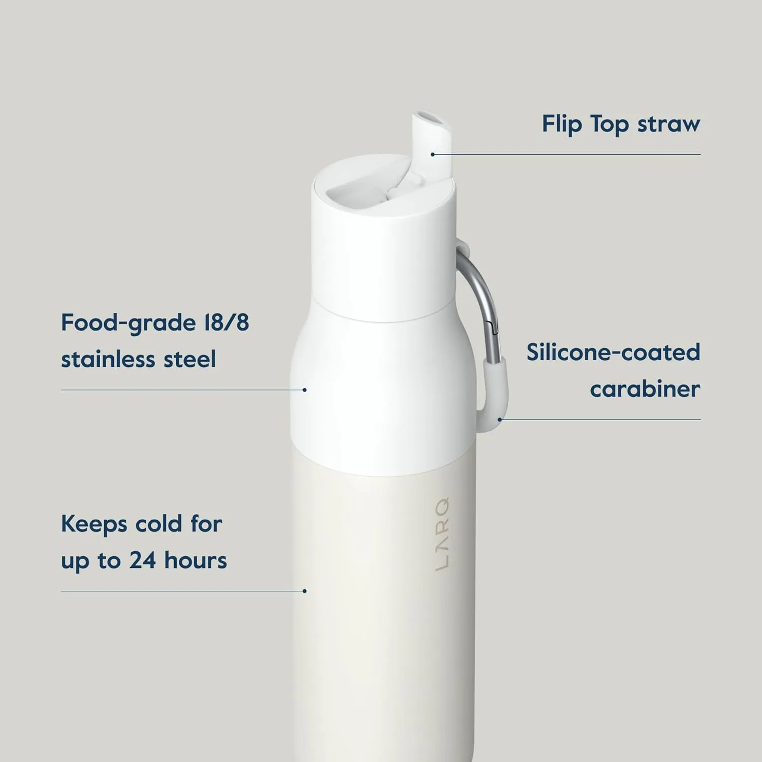 LARQ Bottle Flip Top 17 oz - Insulated Reusable Stainless Steel Water Bottle With Straw | Thermos, BPA Free | For Sports, Gym, and Travel | Keep Drinks Cold for 24 Hours | Granite White