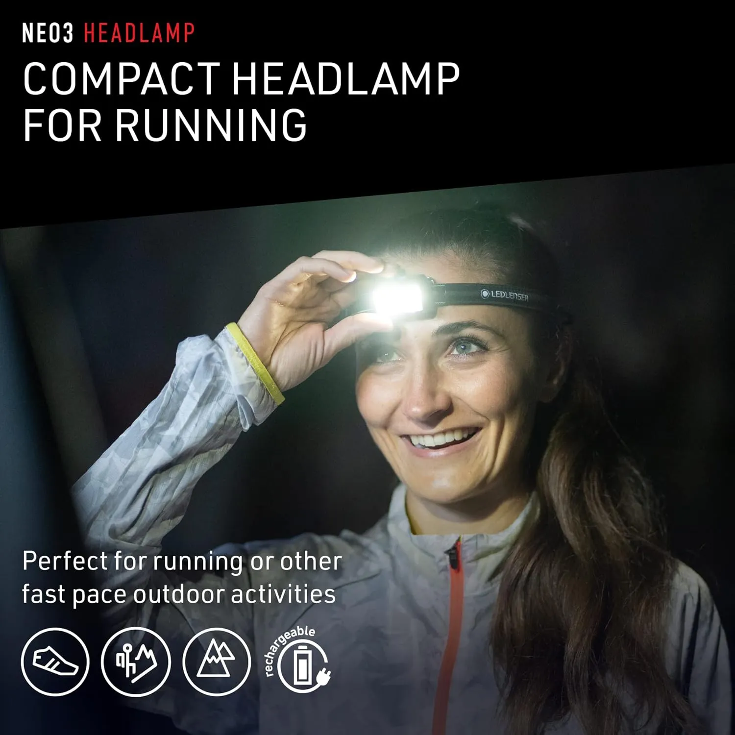 Ledlenser NEO3 Headlamp, 400 Lumen, Separate Flood and Spot Light, Red Rear Light (Black)