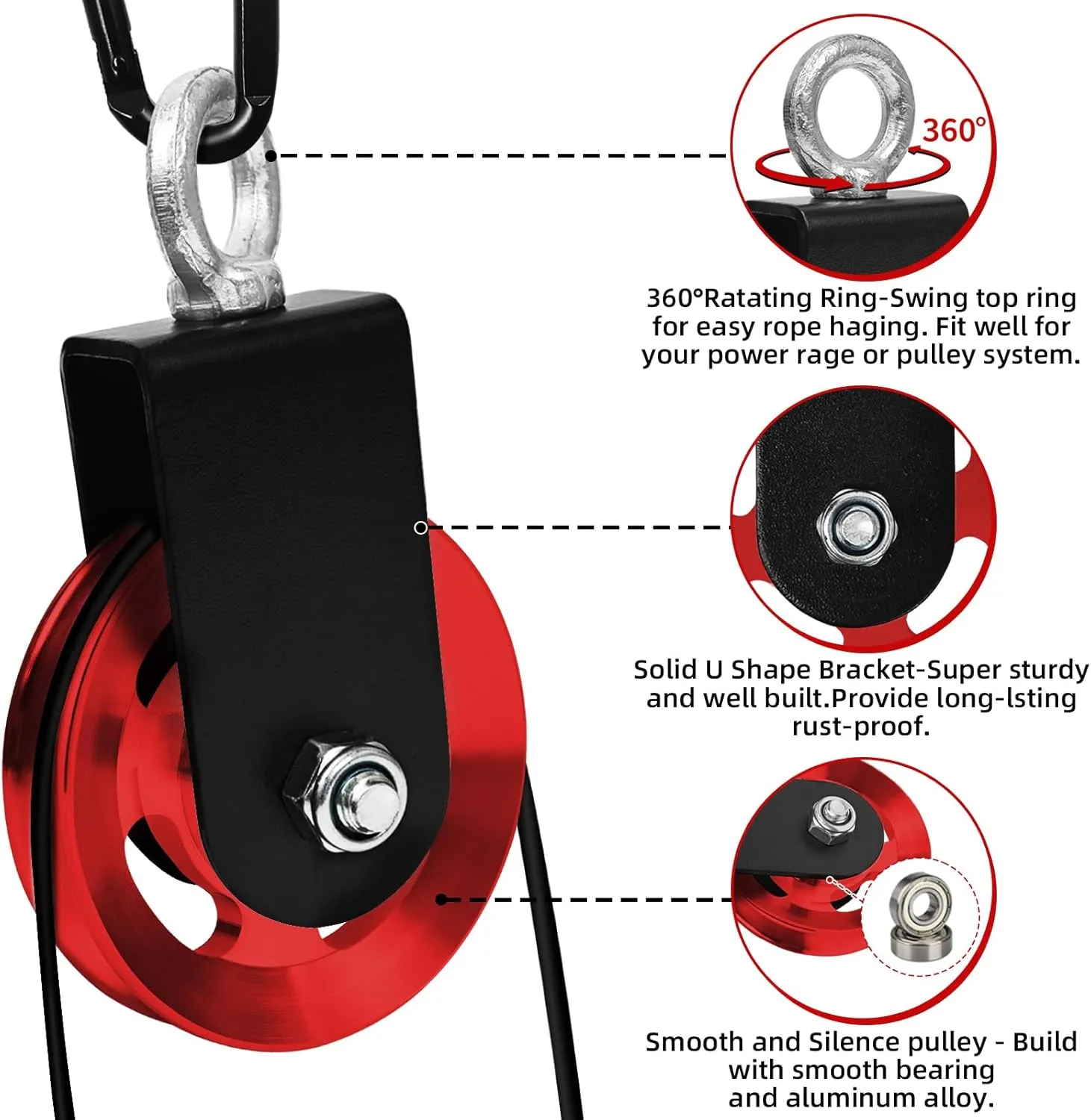 LFJ Aluminum Alloy Cable Pulley with Swing Strap Carabiner, 90mm Pulley Wheel for LAT Pulley System DIY Pull Down Attachment,Ladder Lift,Home Gym Equipment