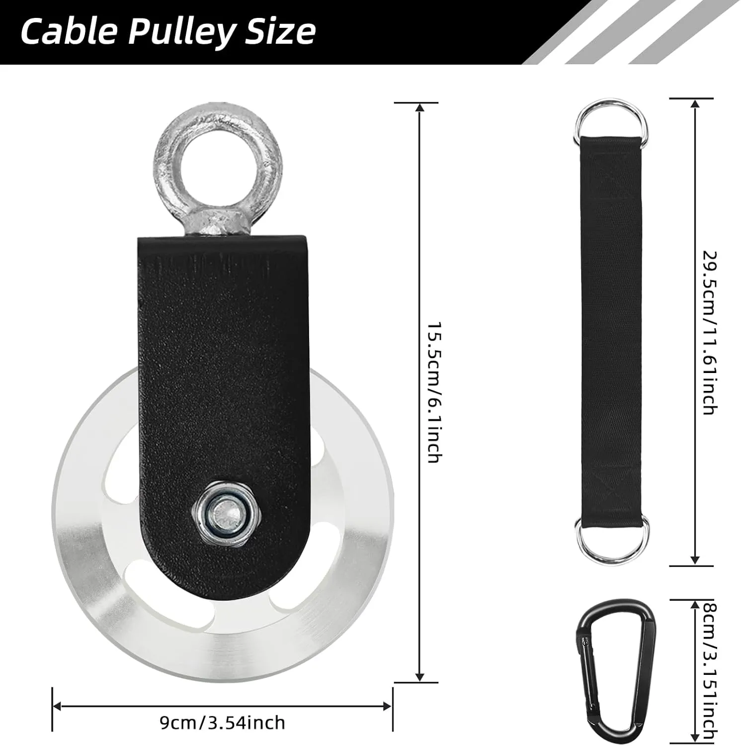 LFJ Aluminum Alloy Cable Pulley with Swing Strap Carabiner, 90mm Pulley Wheel for LAT Pulley System DIY Pull Down Attachment,Ladder Lift,Home Gym Equipment