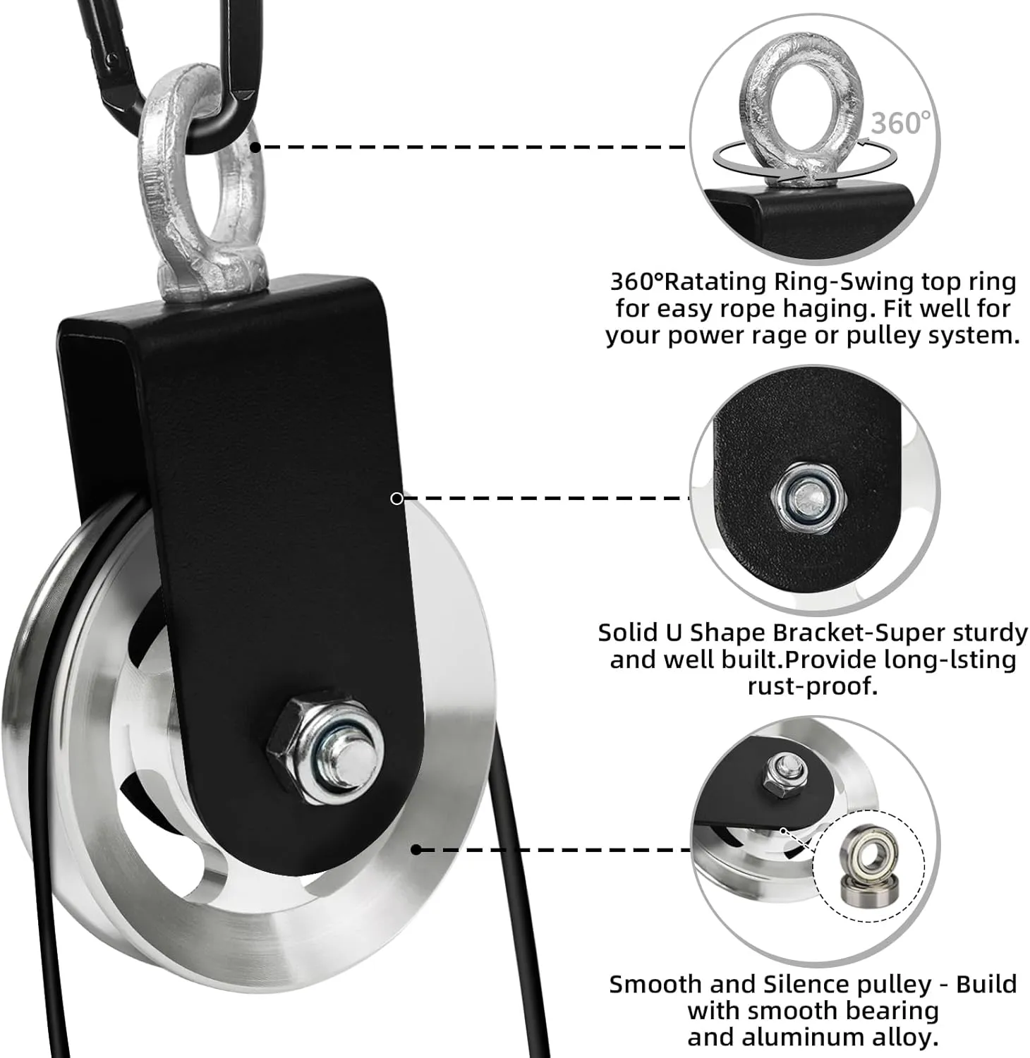 LFJ Aluminum Alloy Cable Pulley with Swing Strap Carabiner, 90mm Pulley Wheel for LAT Pulley System DIY Pull Down Attachment,Ladder Lift,Home Gym Equipment