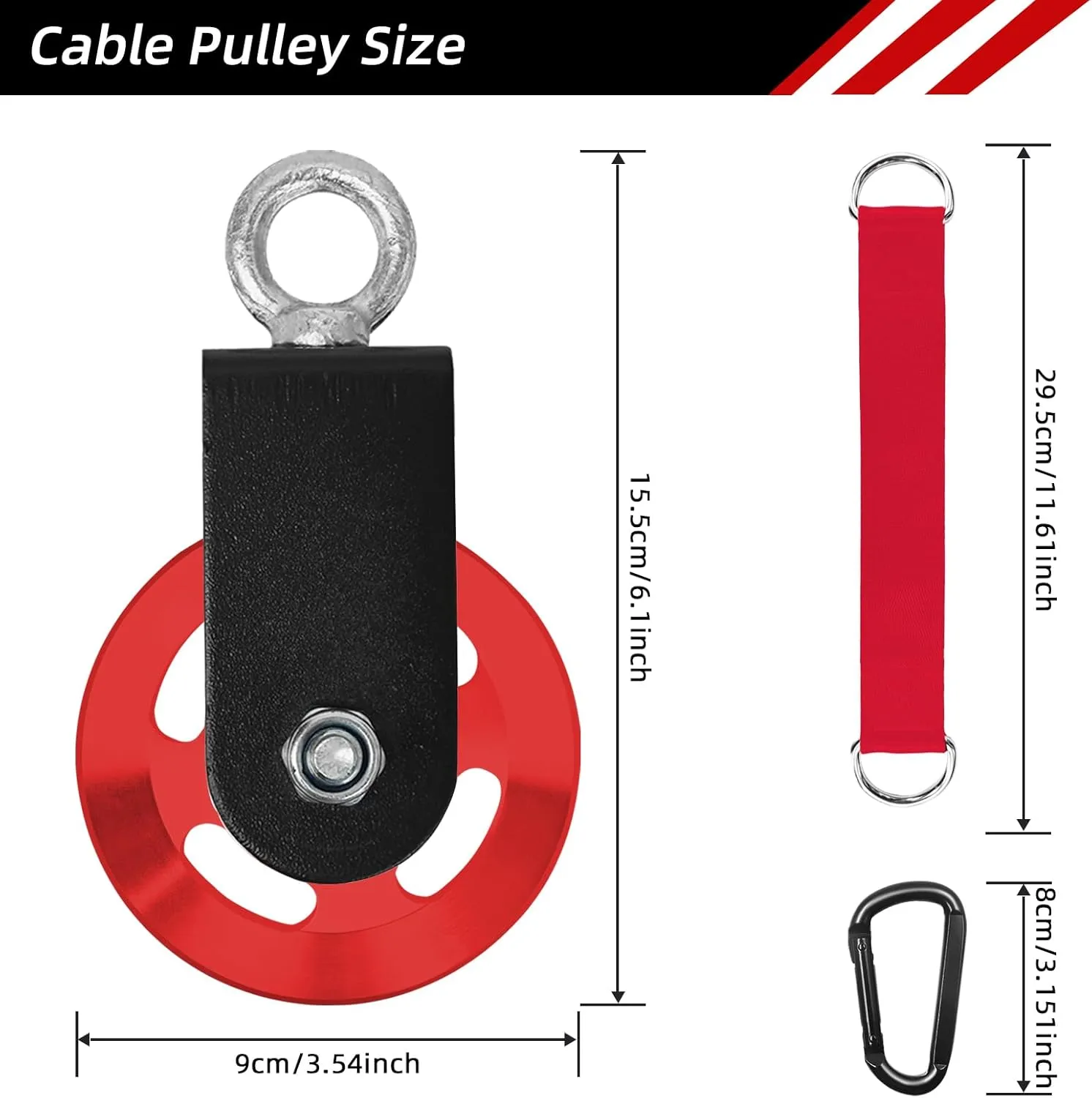 LFJ Aluminum Alloy Cable Pulley with Swing Strap Carabiner, 90mm Pulley Wheel for LAT Pulley System DIY Pull Down Attachment,Ladder Lift,Home Gym Equipment