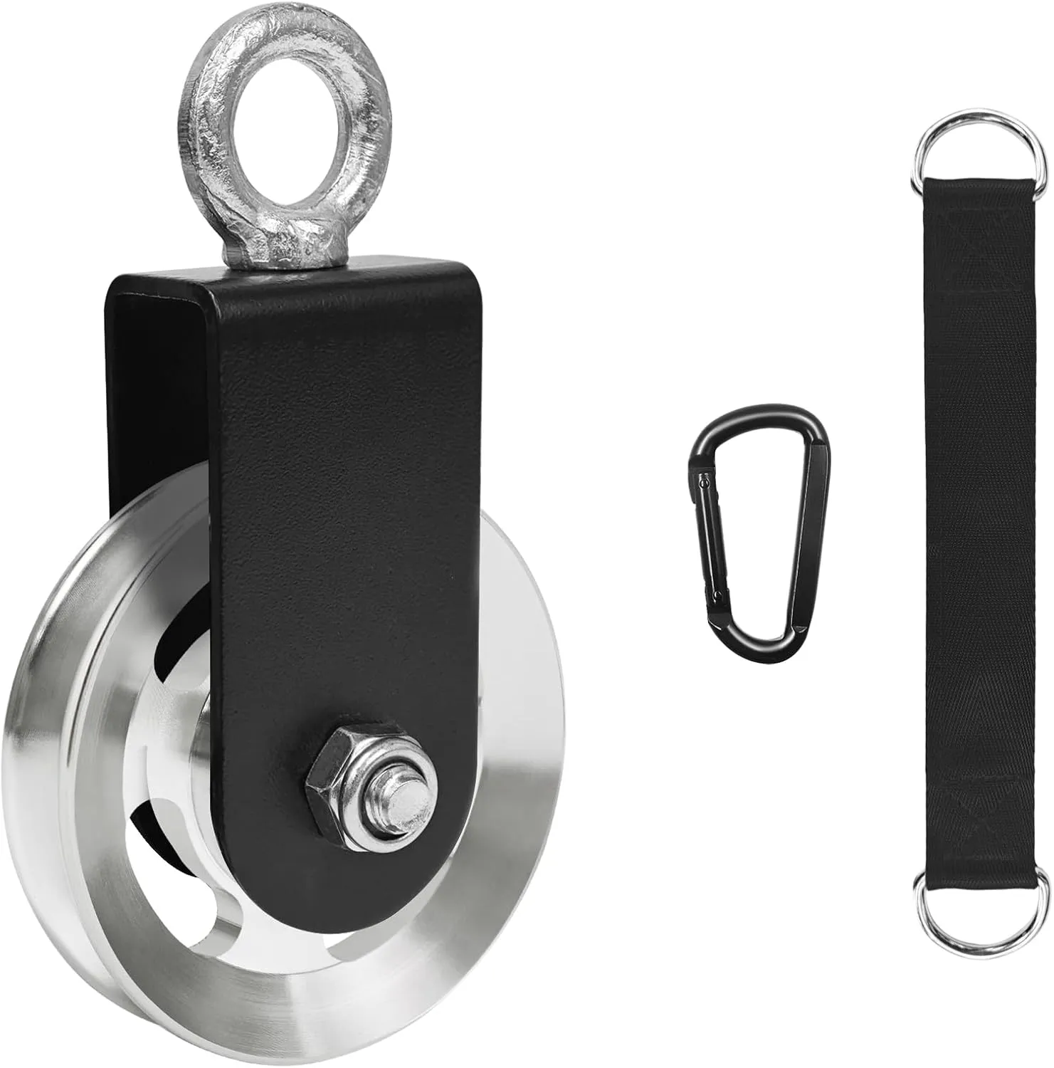 LFJ Aluminum Alloy Cable Pulley with Swing Strap Carabiner, 90mm Pulley Wheel for LAT Pulley System DIY Pull Down Attachment,Ladder Lift,Home Gym Equipment