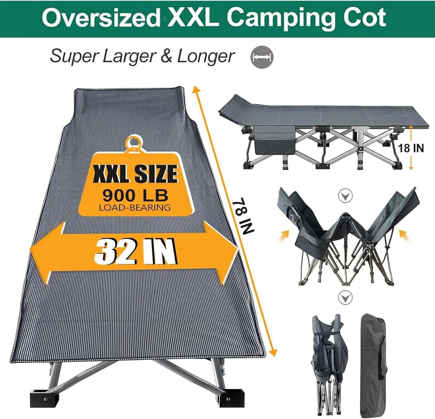 LILYPELLE Folding Camping Cot W/Mattress,XXL Cot Bed, Heavy Duty Wide Camping Cots for Adults, Portable Sleeping Cots Bed for Travel Camping/Office, Home Nap