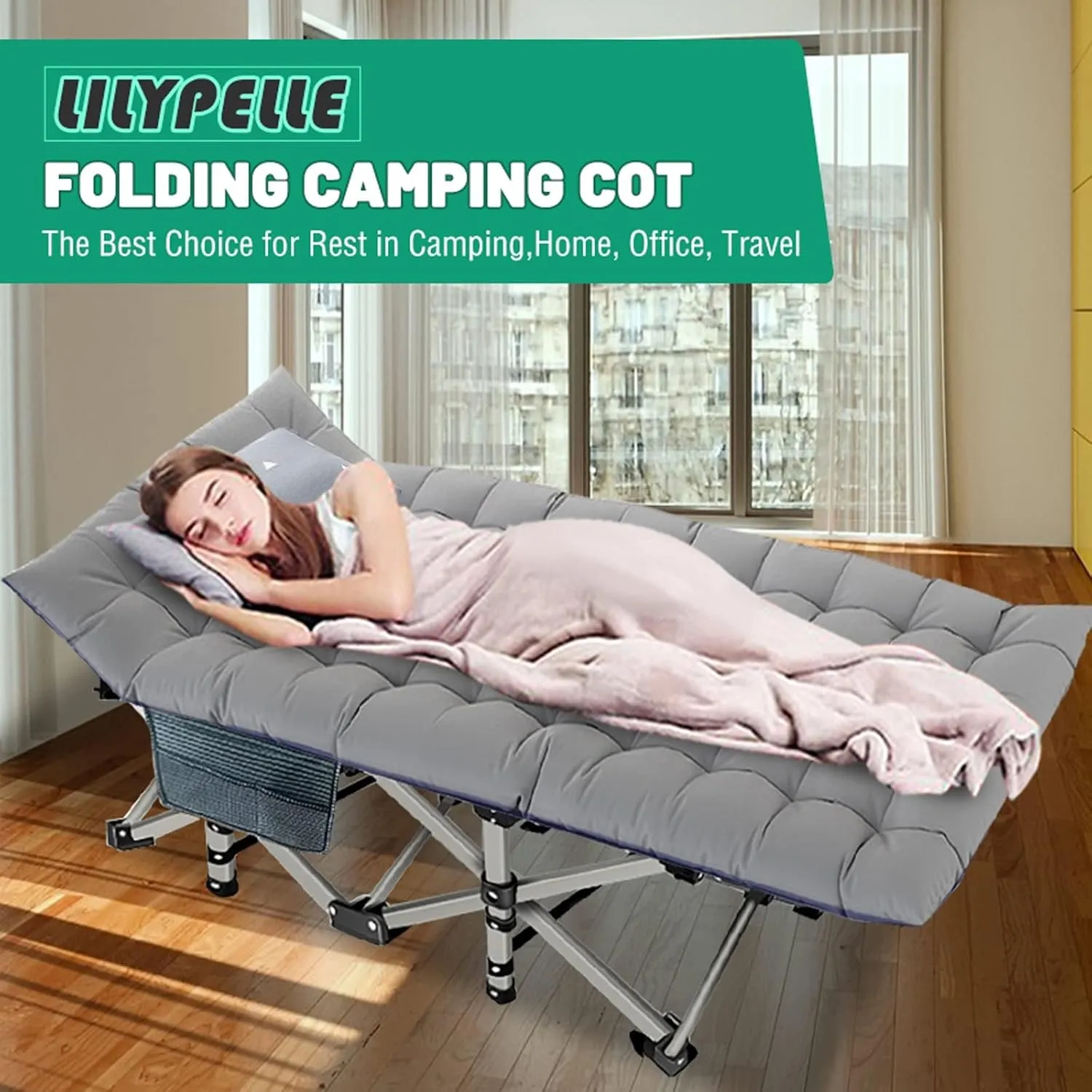 LILYPELLE Folding Camping Cot W/Mattress,XXL Cot Bed, Heavy Duty Wide Camping Cots for Adults, Portable Sleeping Cots Bed for Travel Camping/Office, Home Nap