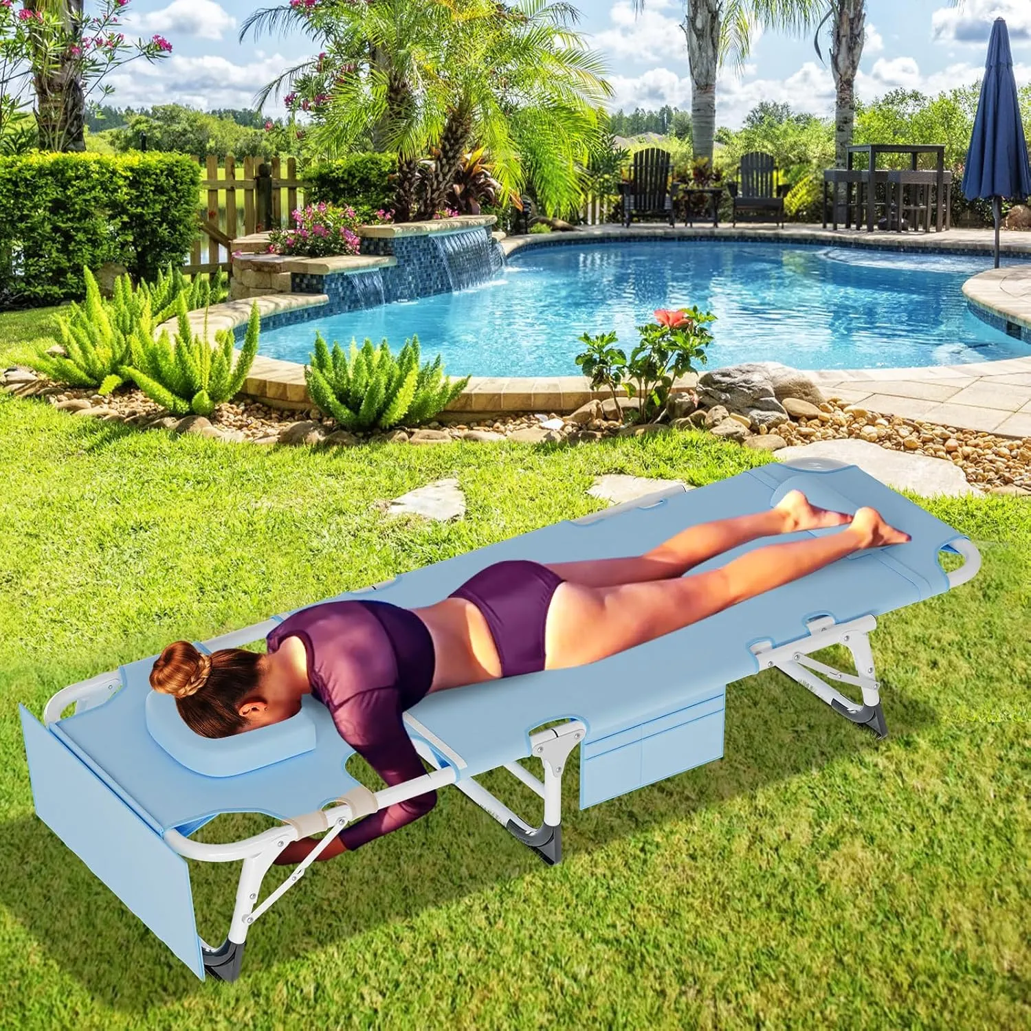 LILYPELLE Portable Folding Camping Cot, Adjustable 5-Position Face Down Folding Chaise Lounge Chairs, Outdoor Portable Bed Sleeping Cot for Camping, Pool, Beach, Patio