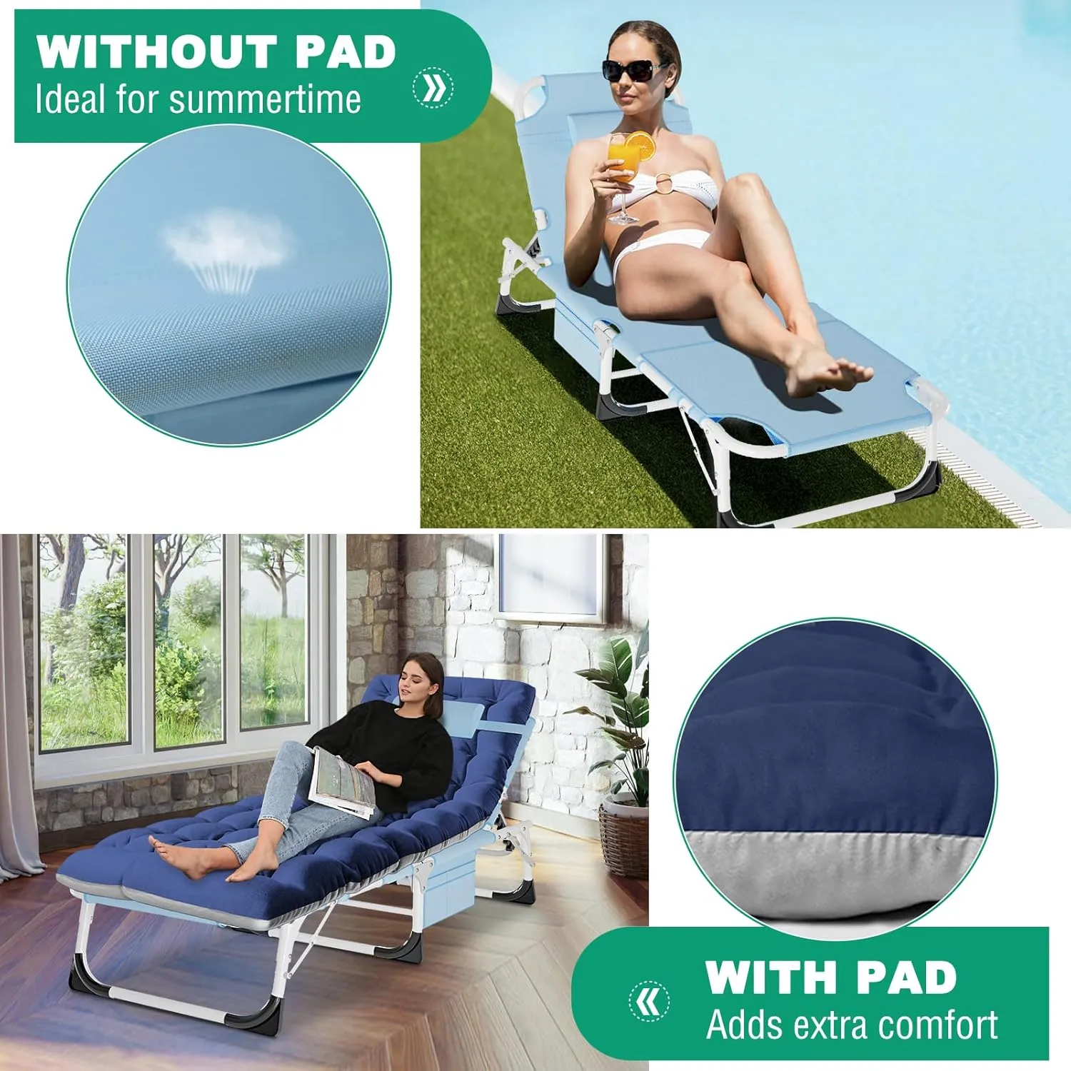 LILYPELLE Portable Folding Camping Cot, Adjustable 5-Position Face Down Folding Chaise Lounge Chairs, Outdoor Portable Bed Sleeping Cot for Camping, Pool, Beach, Patio