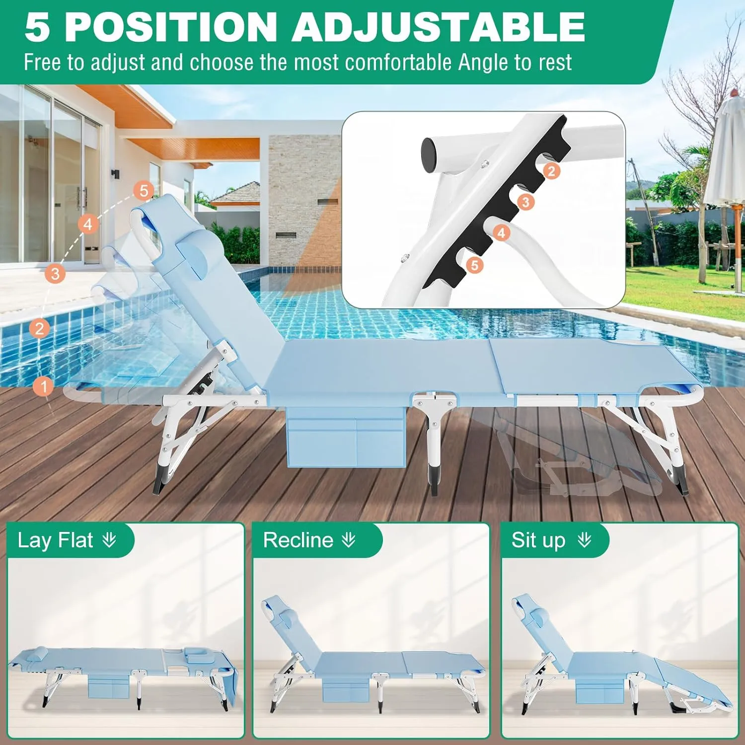 LILYPELLE Portable Folding Camping Cot, Adjustable 5-Position Face Down Folding Chaise Lounge Chairs, Outdoor Portable Bed Sleeping Cot for Camping, Pool, Beach, Patio