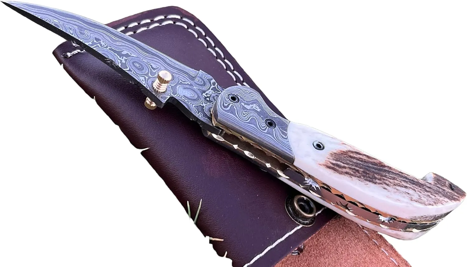 Limited Edition - FNA-32 Custom Handmade Damascus Steel Folding Knife - Beautiful Camel Bone Handle with Damascus Steel Bolsters (Stag Horn)