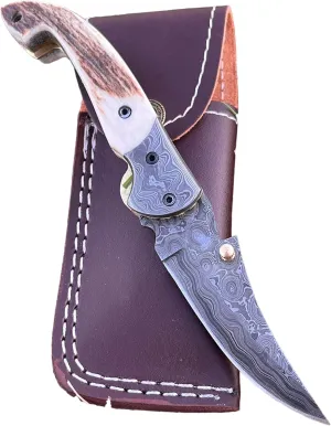Limited Edition - FNA-32 Custom Handmade Damascus Steel Folding Knife - Beautiful Camel Bone Handle with Damascus Steel Bolsters (Stag Horn)
