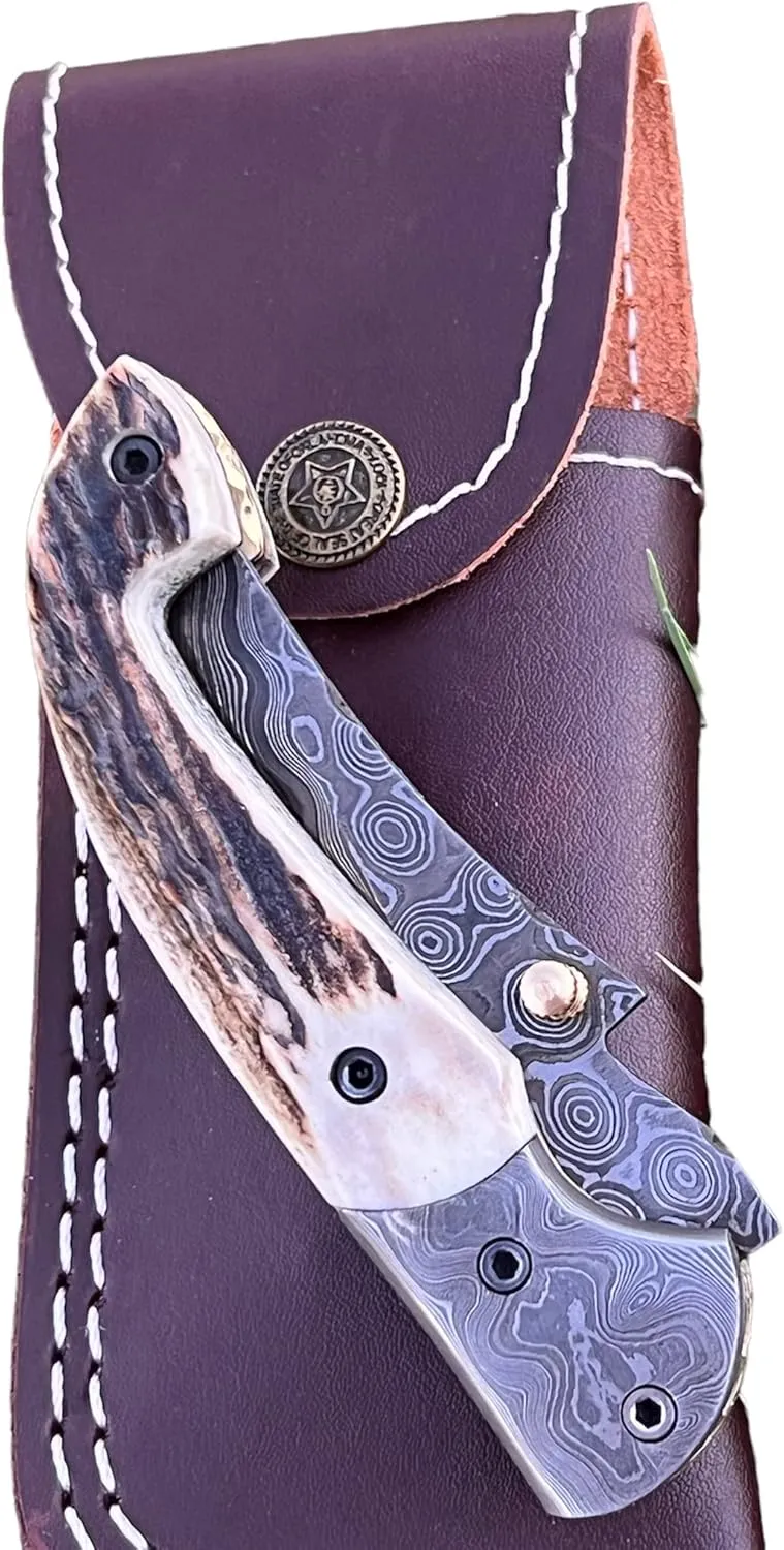 Limited Edition - FNA-32 Custom Handmade Damascus Steel Folding Knife - Beautiful Camel Bone Handle with Damascus Steel Bolsters (Stag Horn)