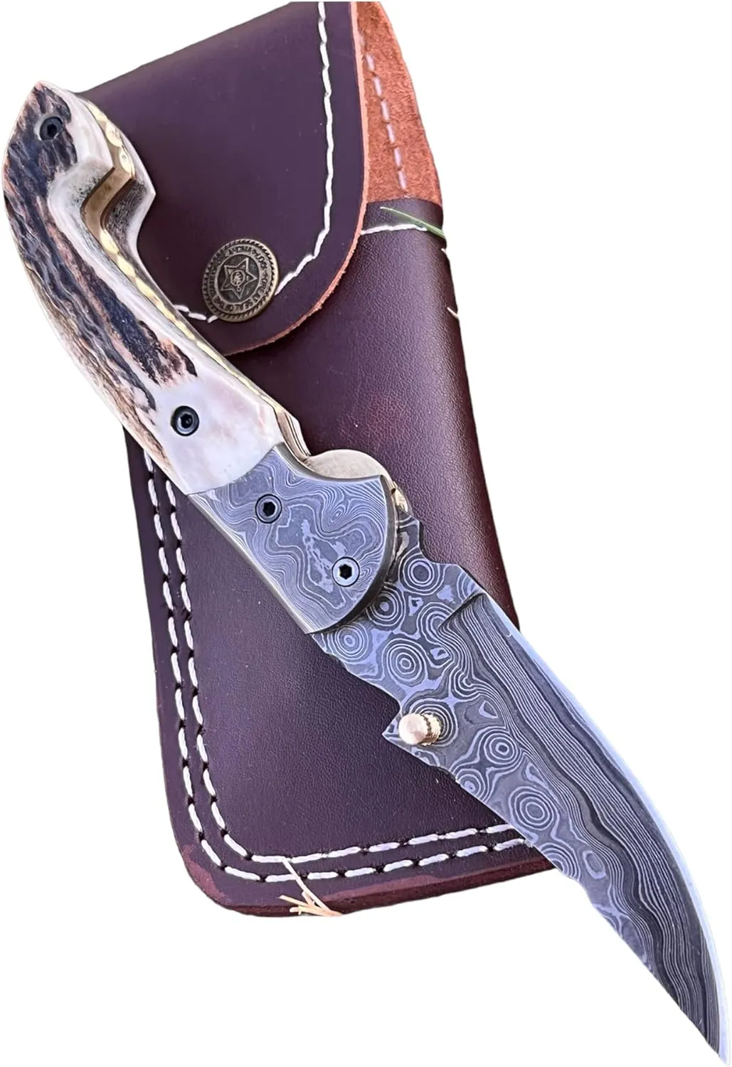 Limited Edition - FNA-32 Custom Handmade Damascus Steel Folding Knife - Beautiful Camel Bone Handle with Damascus Steel Bolsters (Stag Horn)