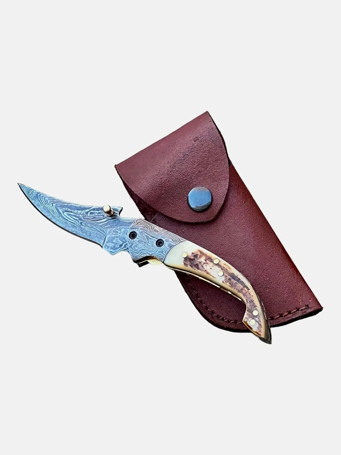 Limited Edition - FNA-32 Custom Handmade Damascus Steel Folding Knife - Beautiful Camel Bone Handle with Damascus Steel Bolsters (Stag Horn)