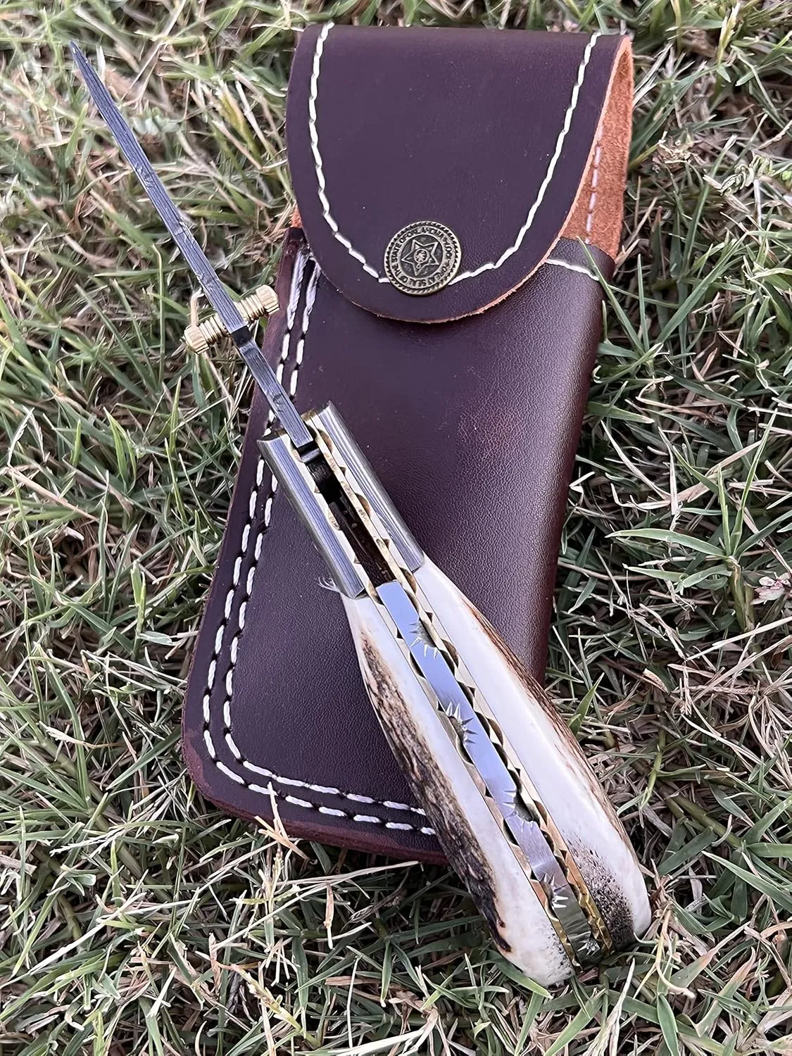 Limited Edition - FNA-32 Custom Handmade Damascus Steel Folding Knife - Beautiful Camel Bone Handle with Damascus Steel Bolsters (Stag Horn)