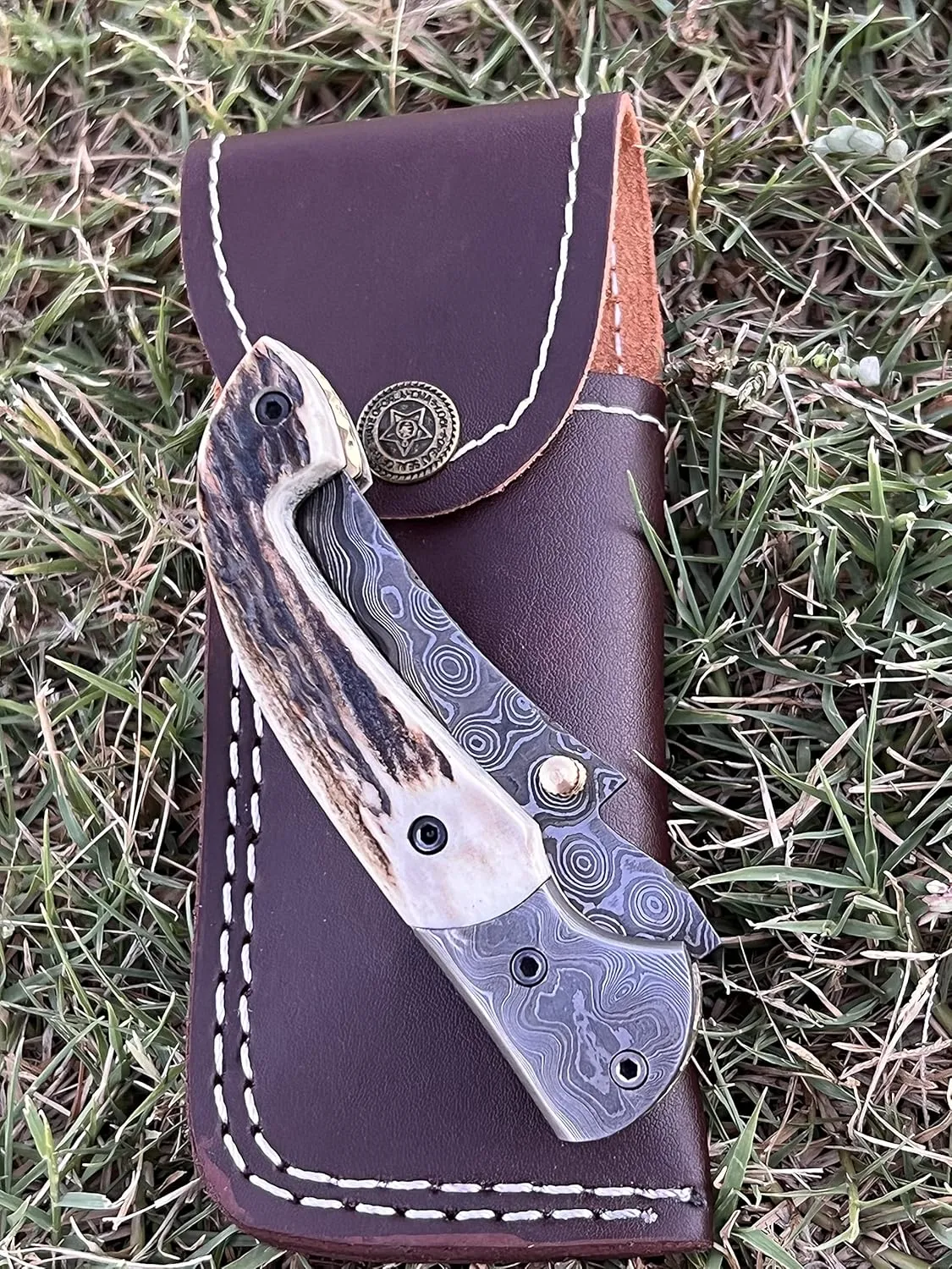 Limited Edition - FNA-32 Custom Handmade Damascus Steel Folding Knife - Beautiful Camel Bone Handle with Damascus Steel Bolsters (Stag Horn)