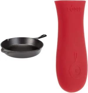 Lodge 13-1/4-Inch Pre-Seasoned Cast Iron Skillet & Silicone Hot Handle Holder - Red Heat-Protecting Silicone Handle